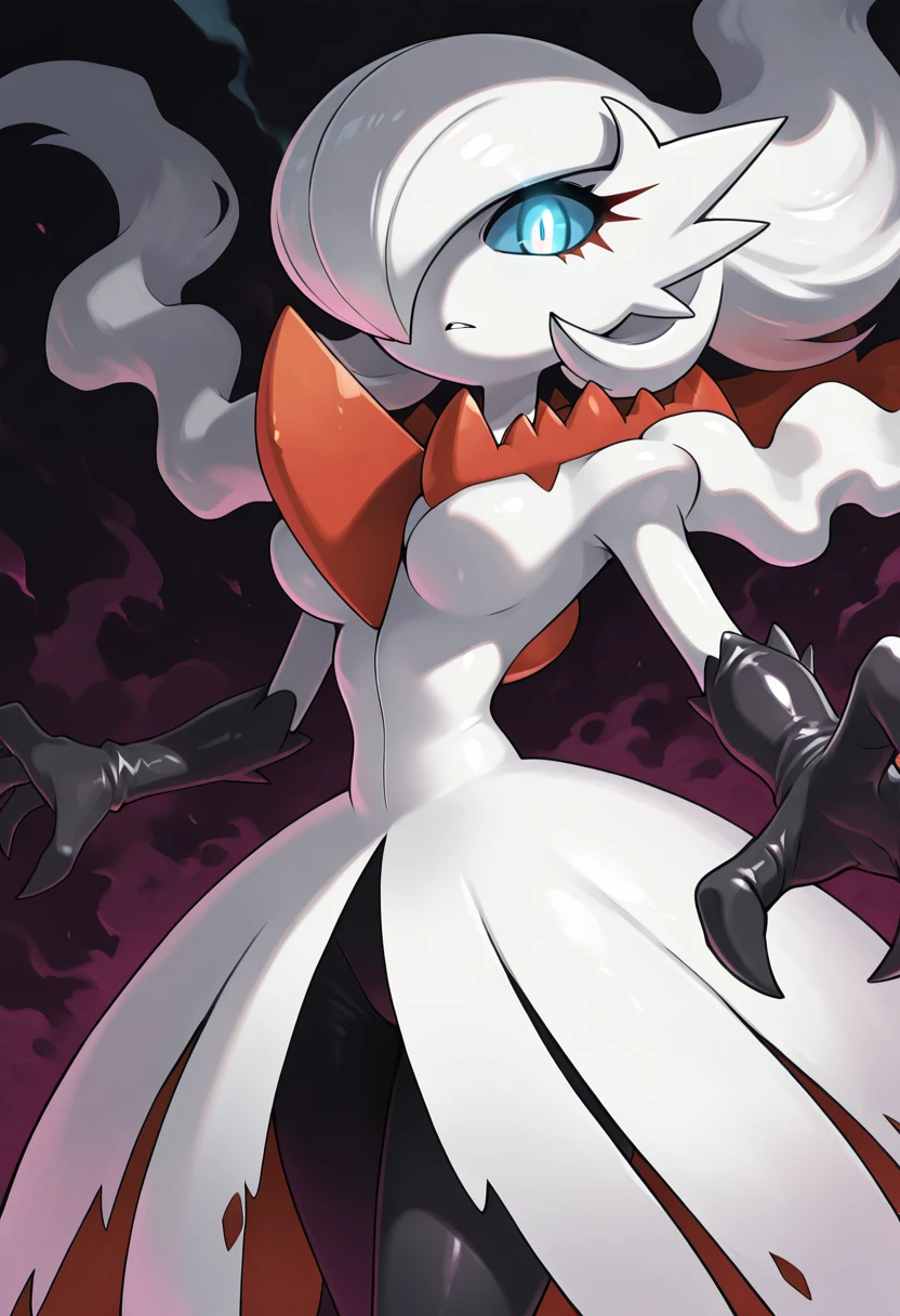 masterpiece, best quality, 1girl, solo, eyelashes, (beautiful eyes), zzDarGardevoir, white pupils, white eyes, blue sclera, blue eyes, white skin, bob cut, white hair, long hair, hair over one eye, white dress, black gloves, elbow gloves, black pantyhose, glowing eye, (close up, portrait), evil, darkness, edgy, cruel, (big claw), <lora:GardevoirXDarkrai_IXL:1.0>,