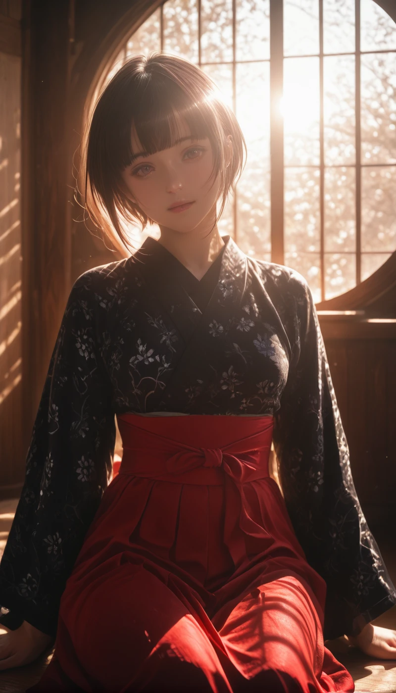 <lora:LCMTurboMix_Euler_A_fix:1> <lora:example_SDXL:0.3>, EZRealPONYXL, <lora:Dramatic Lighting Slider:3> <lora:realistic filter [IL]:1>
DSLR,realistic,cosplay photo, (very awa,masterpiece,best quality,year 2024,newest,absurdres,highres:1), realistic,skin texture,facial features, photography shot with Canon EOS 5D Mark IV , realistic, RAW, best quality, masterpiece, amazing quality, skin details,
1girl, highly detailed beautiful face, natural breasts,
detailed background, shiny skin, dutch angle,
beautiful detailed eyes, intricate details, absurdres, anime screencap,
<lora:ShirayukiChiyo_IdolMaster_ILXL_kill0825:1>
IMShiraChiyo, 1girl, solo, looking at viewer, blush, short hair, skirt, black hair, long sleeves, sitting, purple eyes, parted lips, japanese clothes, blunt bangs, wide sleeves, twitter username, kimono, head tilt, sash, window, red skirt, floral print, bob cut, obi, red background, hakama, hakama skirt, backlighting, print kimono, black kimono, red hakama, shouji, round window, closed mouth, indoors