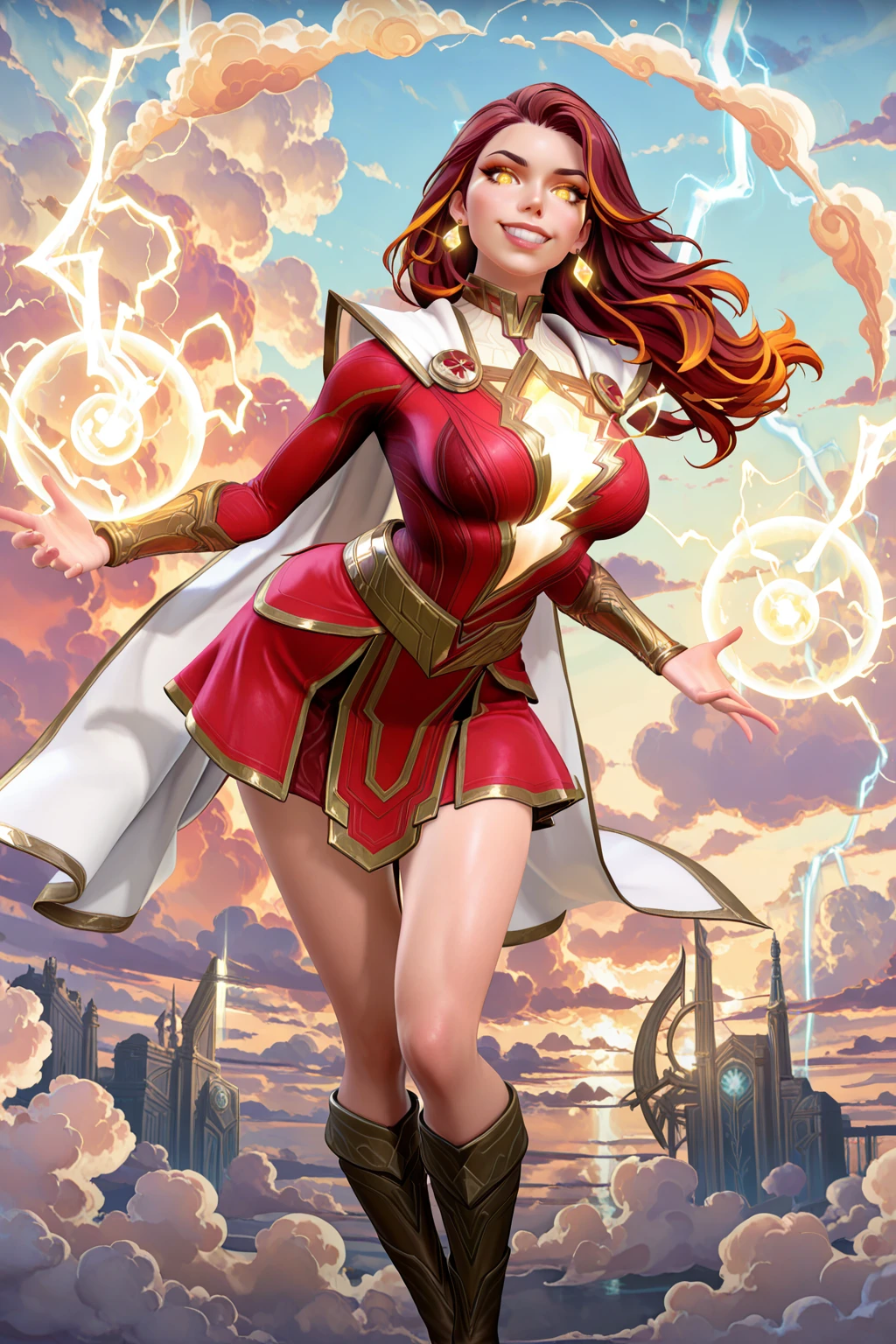 masterpiece, good quality, best quality, very awa, very as2, absurdres, highres,
 <lora:Wild Rift StyleIlluLYCO:1.2>1girl, solo, breasts, looking at viewer, 3d, earrings, 
 <lora:Mary MarvelilluLoRA:1>mrymrvl, long hair, cape, top, long sleeves, bracer, belt, skirt, knee boots,
electricity, lightning, glowing, cloud, magic, glowing eyes, yellow eyes, grin, leaning forward, cowboy shot,