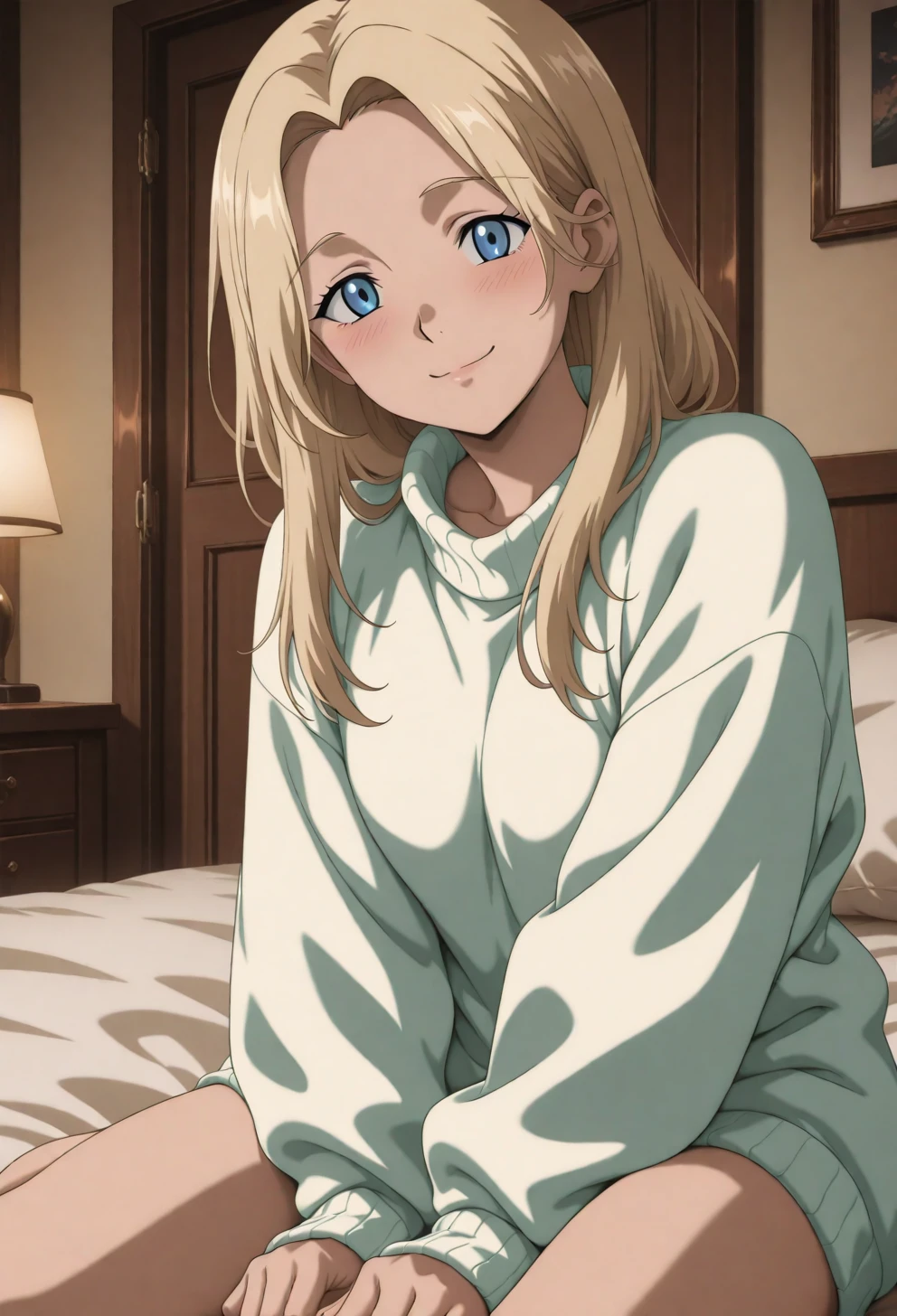 <lora:Sysdeep_char18 - [Custom Character] - IllustriousXL v1:1> sysdeep_char18, 1girl, solo, long hair, blue eyes, blonde hair, parted bangs, sitting on bed, oversized sweater, shy smile, indoors, cozy atmosphere, anime coloring