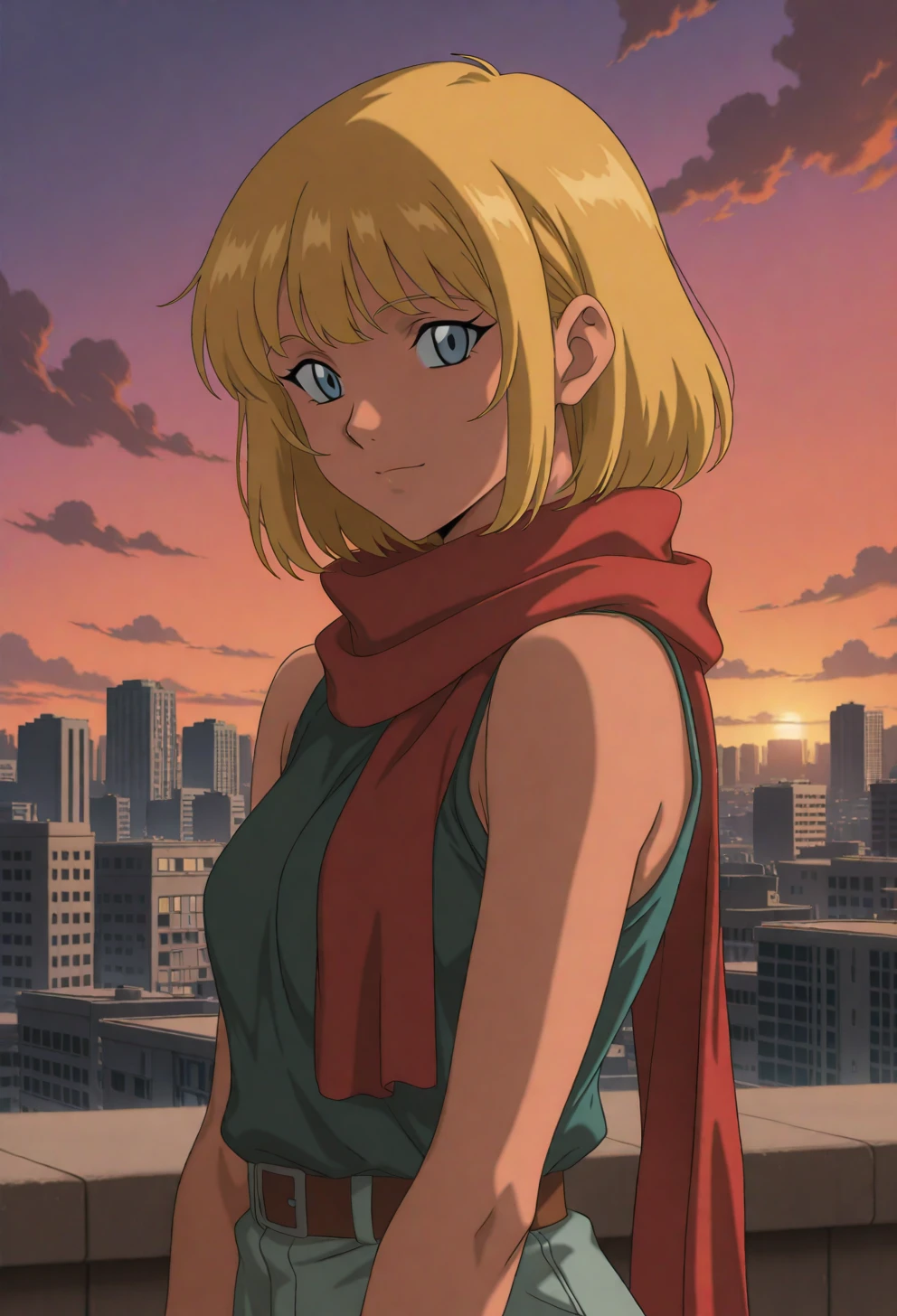 <lora:Sysdeep_char5 - [Custom Character] - IllustriousXL v1:1> sysdeep_char5, 1girl, solo, short hair, blue eyes, blonde hair, small , posing on rooftop, sunset, urban background, flowing scarf, adventurous, anime coloring