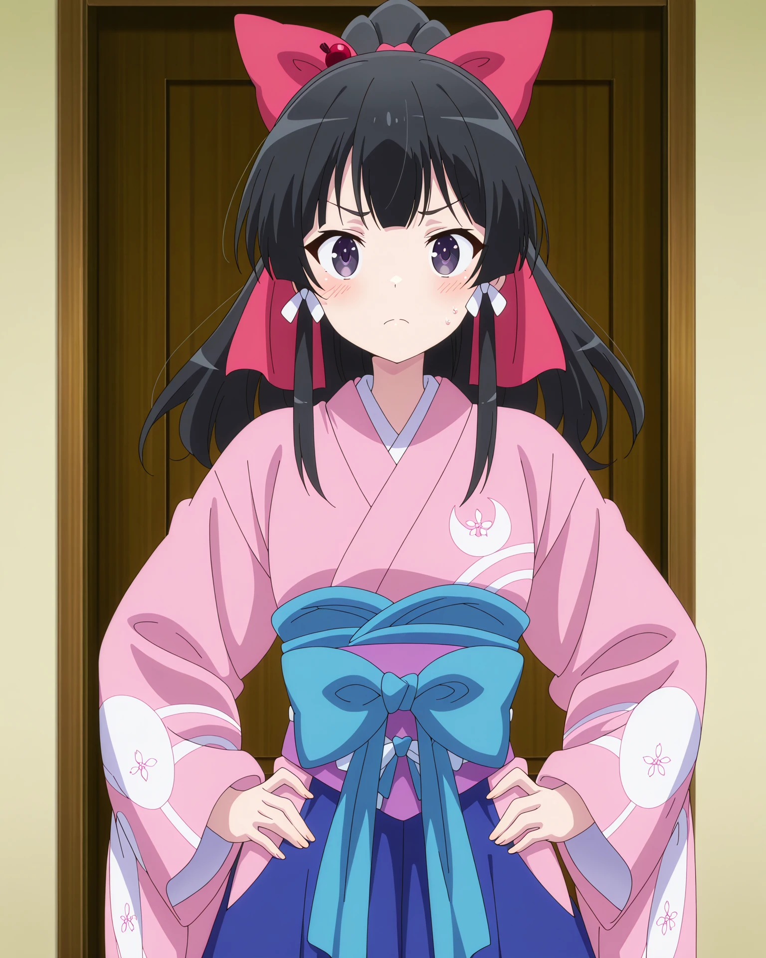 amazing quality, 4k, ultra-detailed, absurdres, high resolution, beautiful lighting, sharp focus, crisp detail, high contrast, newest, (masterpiece:1.3), (best quality:1.3), (anime screencap:1.5),
1girl,solo, standing, cowboy shot, hands on hips, confident expression, looking at viewer, detailed clothing folds, smooth shading,
neutral background , focused character lighting, clean atmosphere,
petite,
<lora:susamix010-pony:0.6> (anime coloring),
<lora:Yae_Kokonoe__Isekai_Smartphone:1> yaedefault, 
<lora:AddMicroDetails_Illustrious:0.3> addmicrodetails