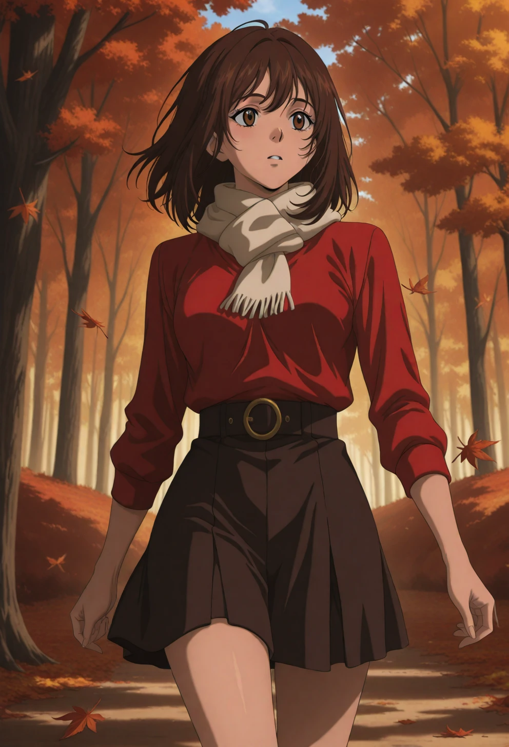 <lora:Sysdeep_char15 - [Custom Character] - IllustriousXL v1:1> sysdeep_char15, 1girl, solo, brown hair, brown eyes, medium hair, , walking through autumn forest, leaves falling, scarf, warm tones, anime coloring