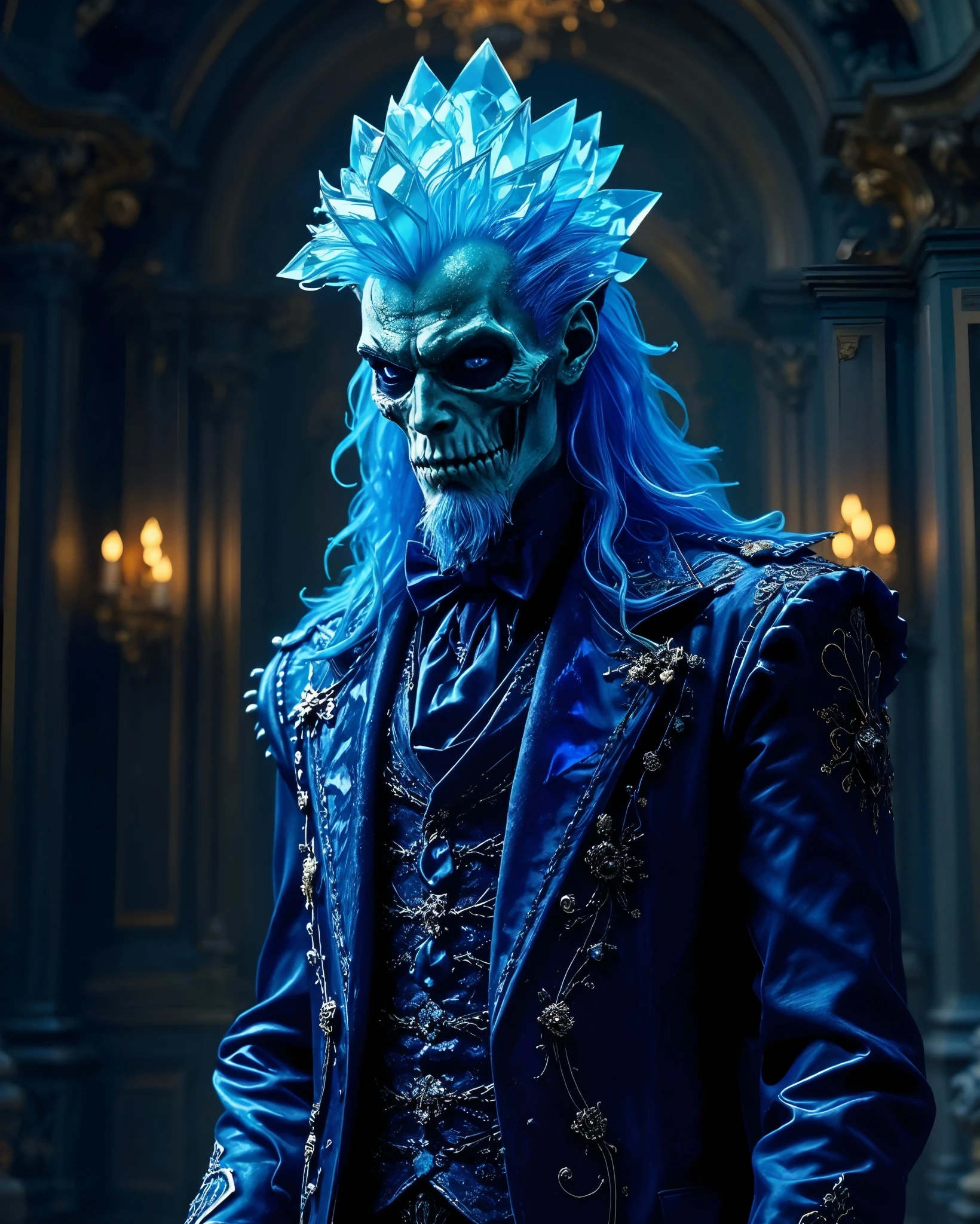 A skeletal figure adorned with an elaborate blue suit and a striking crown of crystal-like icy spikes. The character features glowing blue hair and a regal expression, embodying a ghostly presence. The background suggests an opulent, dimly lit setting, enhancing the mysterious and supernatural aura of the figure.