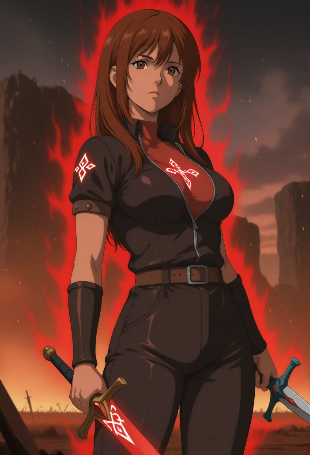 <lora:Sysdeep_char19 - [Custom Character] - IllustriousXL v1:1> sysdeep_char19, 1girl, solo, long hair, brown hair, brown eyes, , , holding sword, glowing runes, standing, battlefield, magical aura, anime coloring