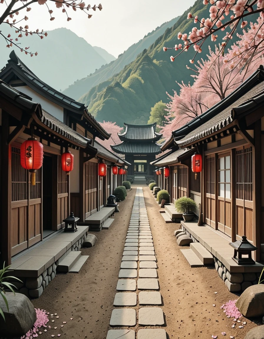 A traditional Japanese village during the samurai era, peacefully resting in a quiet valley surrounded by mist-covered mountains and dense bamboo groves. Thatched-roof wooden houses with sliding paper doors are arranged along narrow, winding dirt paths. Red lanterns hang from wooden beams, swaying gently in the breeze. A small Shinto shrine stands on a nearby hill, overlooking neatly arranged rice paddies and stone garden paths. A samurai's armor is displayed on a wooden rack outside one of the houses, suggesting the presence of a warrior. Cherry blossom petals scatter across the ground, and a light fog drifts between the buildings, adding to the stillness. The scene is bathed in soft, golden light, capturing a serene and timeless moment in feudal Japanâwith no people in sight.traditional Japanese v1ll4g3, <lora:traditional_Japanese_v1ll4g3v2-i:1>, Masterpiece,best quality,hi res,8k,hi res,8k,award winning,(sharp focus, intricate, highly detailed),