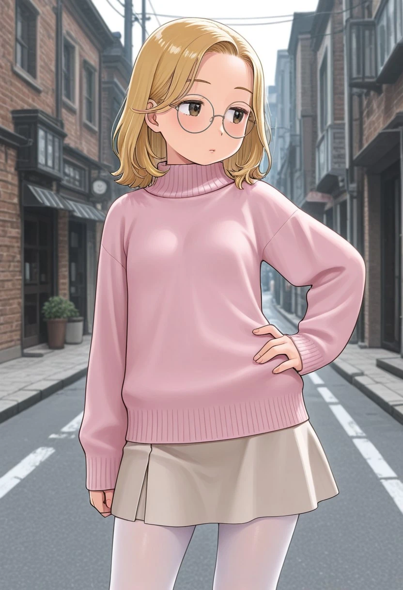 karmatatsurou, amazing quality, detailed background, solo, pose, street, 1girl, blonde hair, medium hair, round eyewear, oversized pink turtleneck sweater, skirt, white tights, hand on hip, looking to the side
