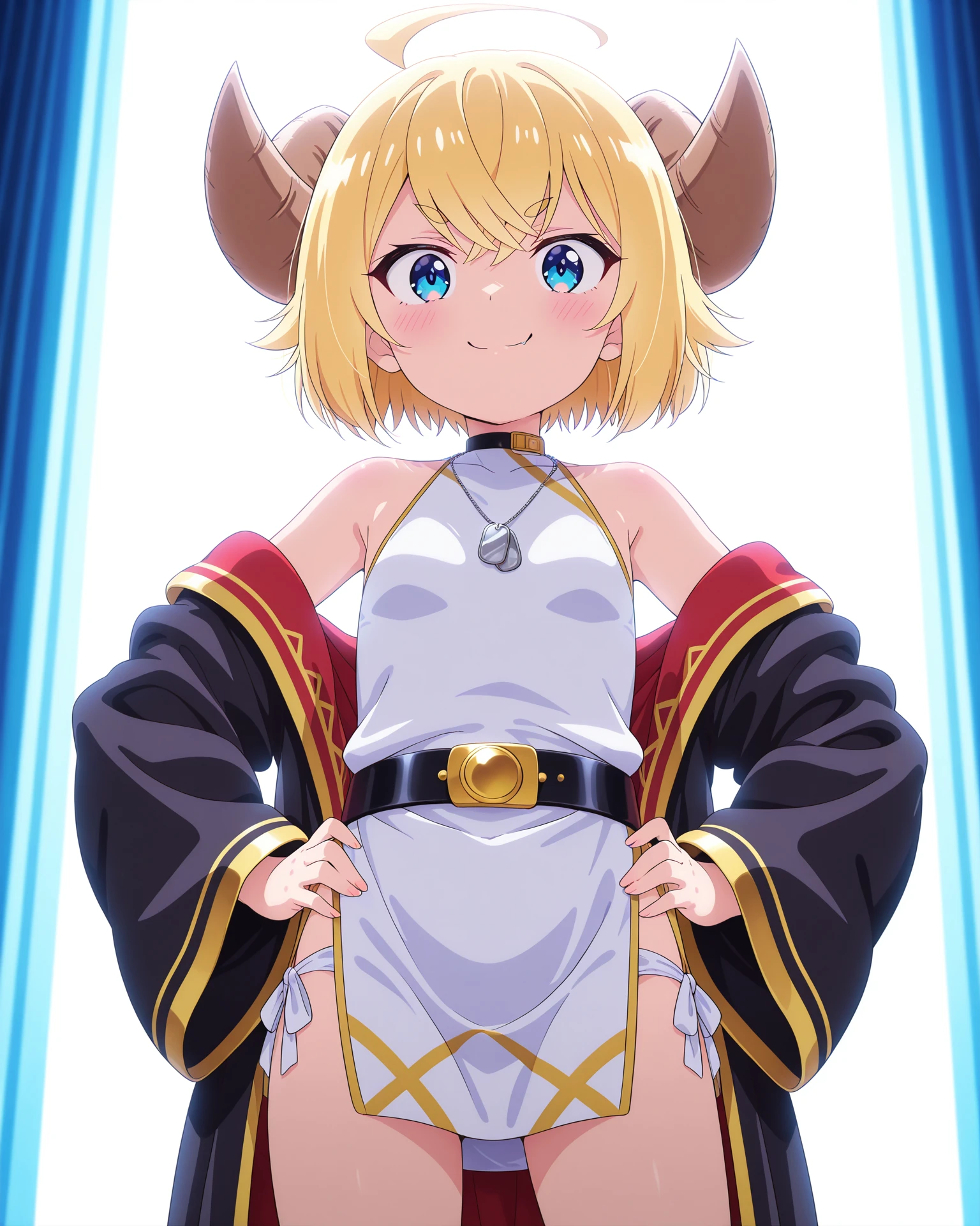 amazing quality, 4k, ultra-detailed, absurdres, high resolution, beautiful lighting, sharp focus, crisp detail, high contrast, newest, (masterpiece:1.3), (best quality:1.3), (anime screencap:1.5),
1girl,solo, standing, cowboy shot, hands on hips, confident expression, looking at viewer, detailed clothing folds, smooth shading, small stature,
neutral background , focused character lighting, clean atmosphere,
petite,
<lora:susamix010-pony:0.6> (anime coloring),
<lora:Botan:1>(botan:1, blonde hair, manga), white outfit, black open robe, gold trim, belt, dog tags,
<lora:AddMicroDetails_Illustrious:0.3> addmicrodetails