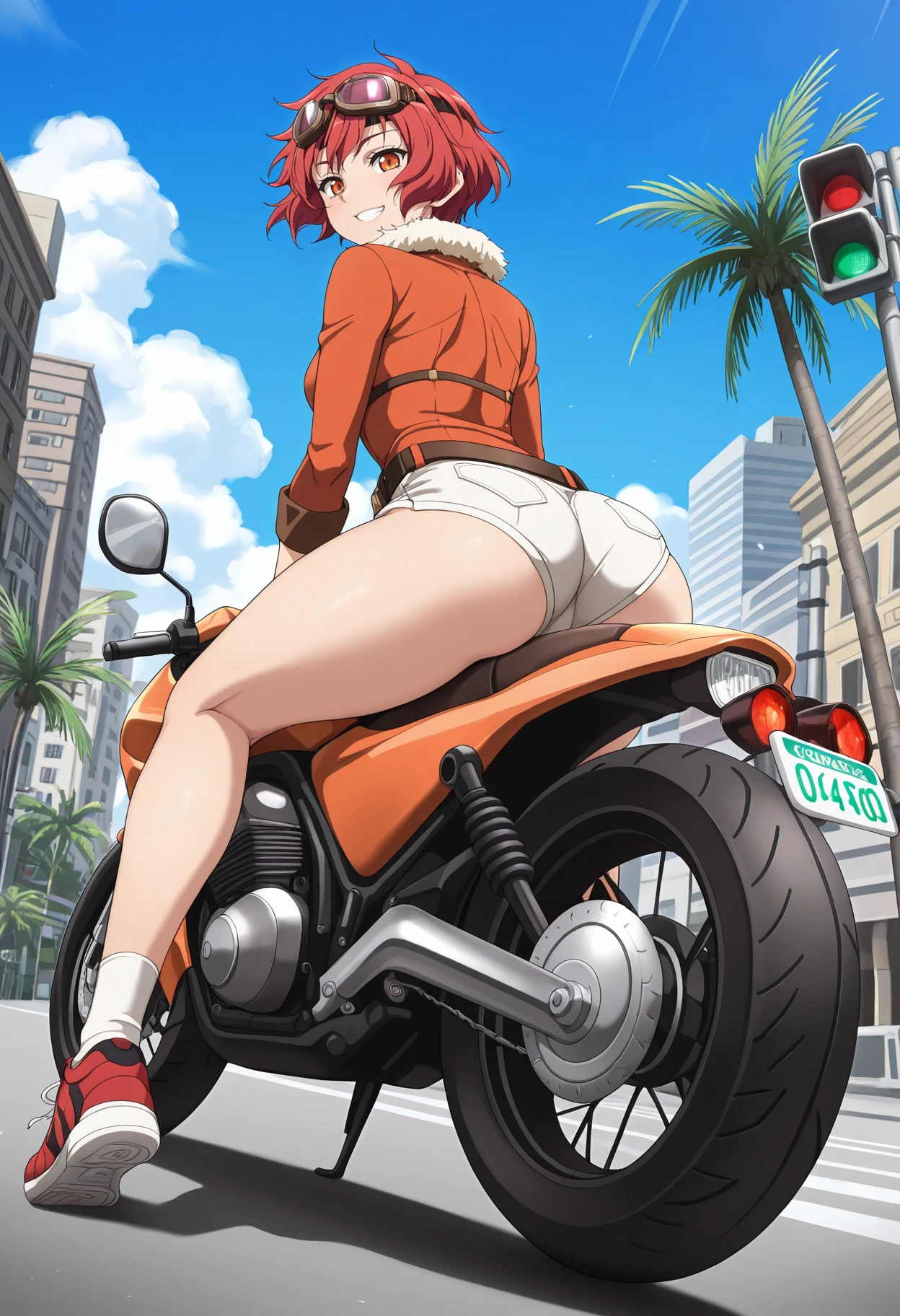 1girl, solo, long hair, breasts, looking at viewer, large breasts, simple background, brown hair, hat, white background, swimsuit, ass, bikini, looking back, pants, high heels, sideboob, underboob, denim, ground vehicle, bikini top only, motor vehicle, red bikini, jeans, motorcycle, cowboy hat,Mine Fujiko