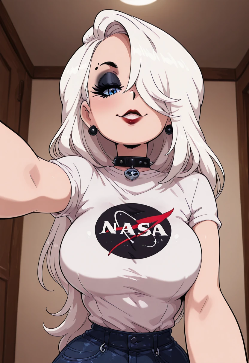 masterpiece, best quality, solo, curvy, beautiful eyes, narrow waist, wide hips, 1girl, solo, smile, looking at viewer, foreshortening, close up,    zzBlanc, blue eyes, white hair, hair over one eye, long hair, eyeshadow, makeup, lipstick, gothic, skindentation, tight clothes,  <lora:BlancCitronOC_IXL_v2:1.0>,  , smile, looking at viewer, N4S4, white shirt, denim skirt, ,<lora:NASAShirtAnime_IXL_v1:1.0>,