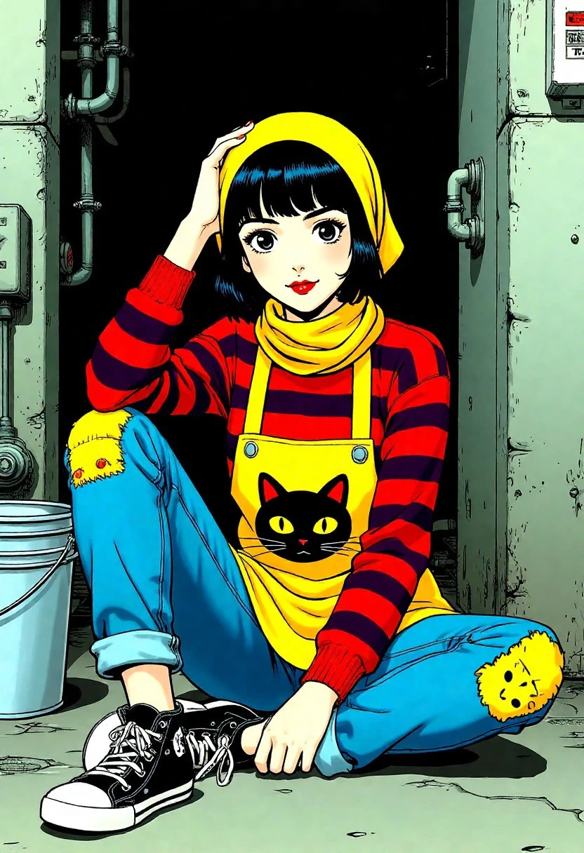 A comic style illustration. Highly detailed art in the style of Alex Grey, Moebius (Jean Giraud), Geoff Darrow, Edgar P. Jacobs, Enki Bilal, Brandon Graham, Linnea Sterte, James Stokoe, Hayao Miyazaki, Katsuhiro Otomo, François Schuiten, Philippe Druillet. a digital anime-style illustration featuring a young woman with short black hair and a yellow headscarf, sitting on a concrete floor in a dimly lit, industrial setting. She wears a red and blue striped sweater, a yellow apron with a black cat face, and blue jeans with a yellow cat patch. Her pose is casual, with one hand on her head and the other resting on her knee. The background includes pipes, a bucket, and a metal door, adding to the gritty, urban atmosphere. The image is vibrant with detailed shading and highlights, emphasizing the textures of her clothing