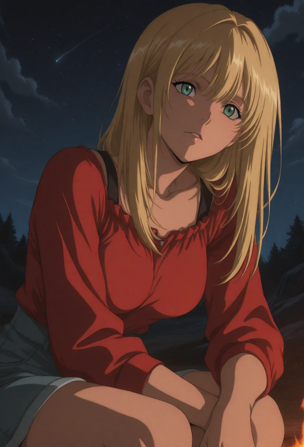 <lora:Sysdeep_char23 - [Custom Character] - IllustriousXL v1:1> sysdeep_char23, 1girl, long hair, blonde hair, green eyes, solo, medium breasts, sitting by campfire, night sky, casual wear, storytelling atmosphere, anime coloring