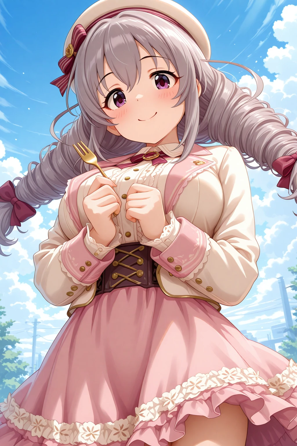 masterpiece, best quality, amazing quality, 1girl, solo, makeup, general, cowboy shot, looking at viewer, blush, dramatic angle, smile, cloud, sky, outdoors, fork, oversized object, holding fork, holding, <lora:Sakakibara_Satomi_Cinderella:1>, Sakakibara_Satomi_Cinderella, long hair, grey hair, large breasts, twintails, purple eyes, twin braids, twin drills, bow, hair bow, ribbon, hair between eyes, skirt, long sleeves, hat, bow, ribbon, jacket, hair ribbon, hair bow, pink skirt, <lora:wai-A3-V140:1>, <lora:illustrious_noobai_epsilon_pred_1_masterpieces_v1:1>