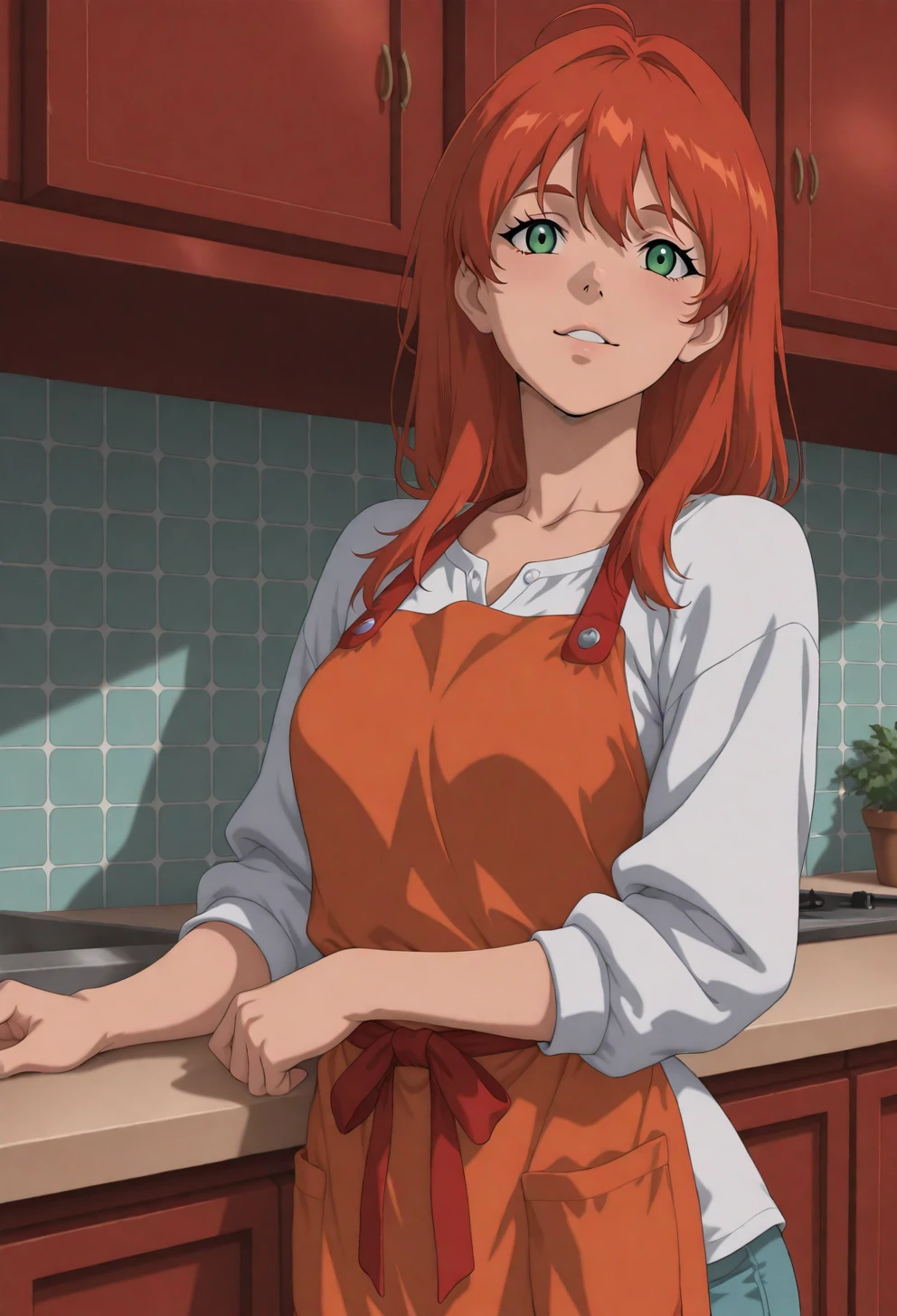 <lora:Sysdeep_char22 - [Custom Character] - IllustriousXL v1:1> sysdeep_char22, 1girl, long hair, green eyes, red hair, solo, orange hair, small , leaning on counter, kitchen, apron, casual clothes, playful expression, anime coloring