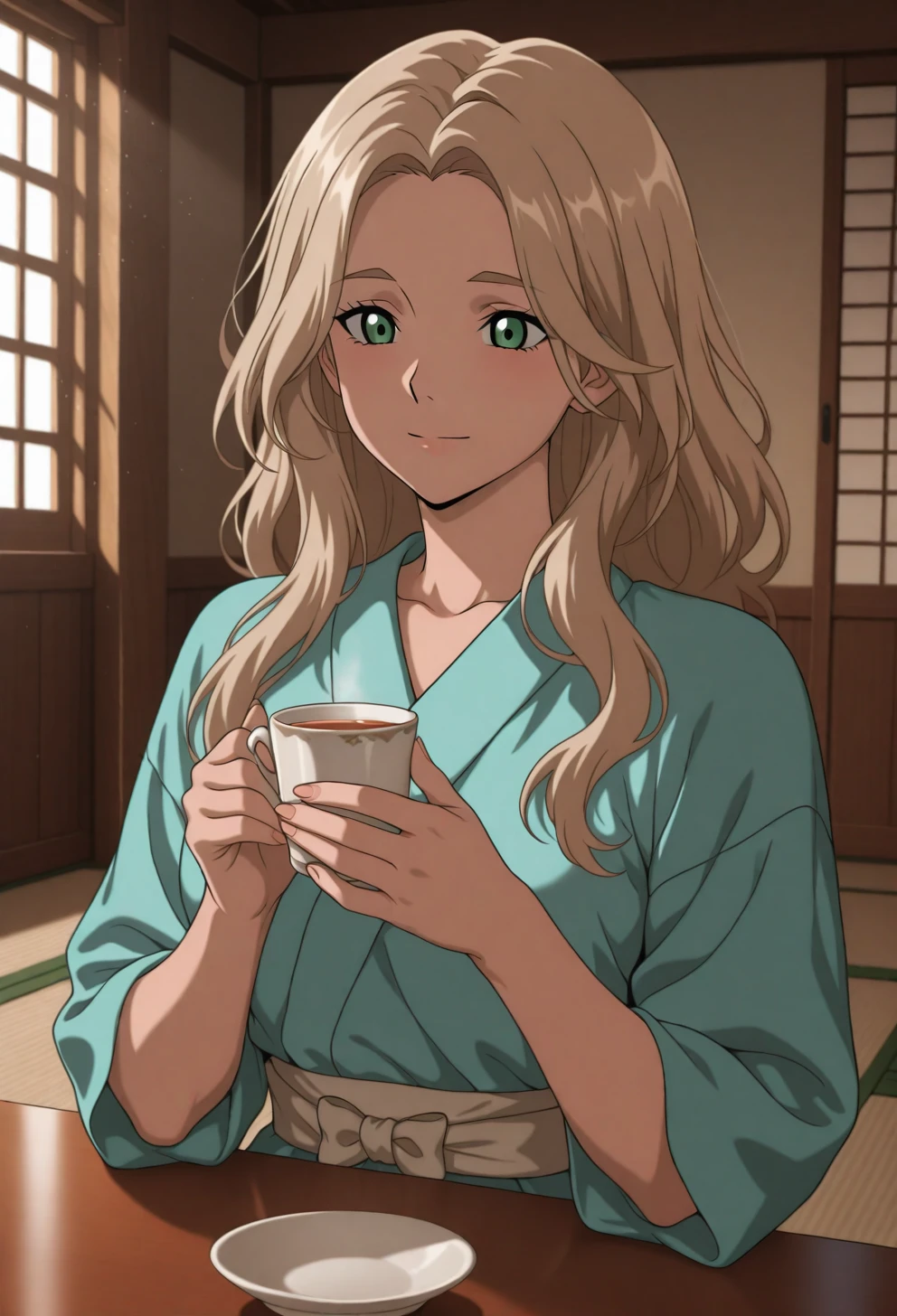 <lora:Sysdeep_char21 - [Custom Character] - IllustriousXL v1:1> sysdeep_char21, 1girl, solo, long hair, green eyes, blonde hair, light brown hair, wavy hair, , drinking tea, traditional outfit, serene expression, tatami room, sunlight, anime coloring
