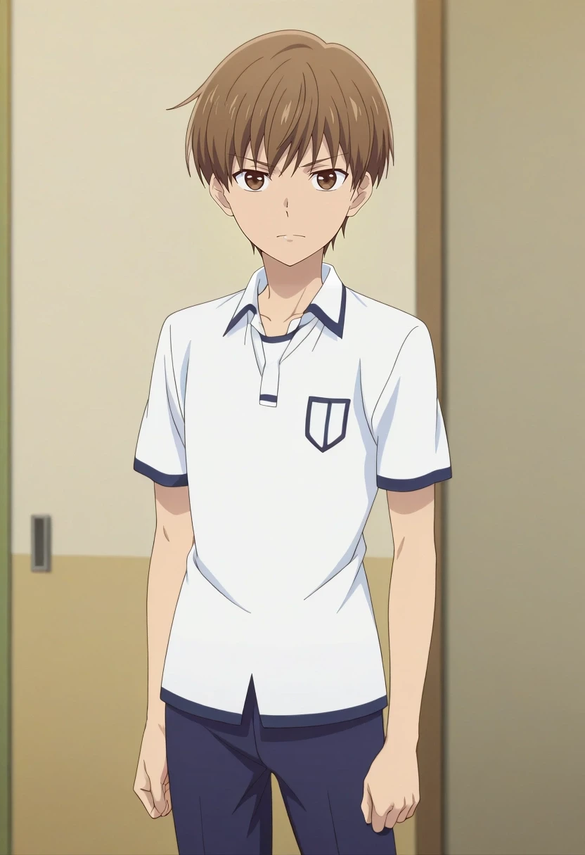 masterpiece, best quality, amazing quality, very aesthetic, high resolution, ultra-detailed, absurdres, newest, colorful, highest detailed, very awa, anime screencap, official style, anime coloring, cowboy shot, looking at viewer, 1boy, solo, male focus, <lora:naohito_sakuragi_ilxl:0.92>, naohito_sakuragi, brown hair, brown eyes, short hair,