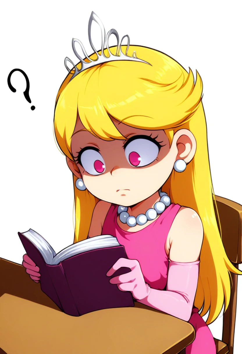 (jcm2:0.6), masterpiece, best quality, amazing quality, very aesthetic, absurdres, newest,
white background, simple background, 1girl, solo, upper body, sitting, on chair, desk, head tilt, shaded face, looking down, reading, holding book, question mark, confused, frown,
1o1a, blonde hair, tiara, pink eyes, earrings, pearl necklace, pink dress, elbow gloves