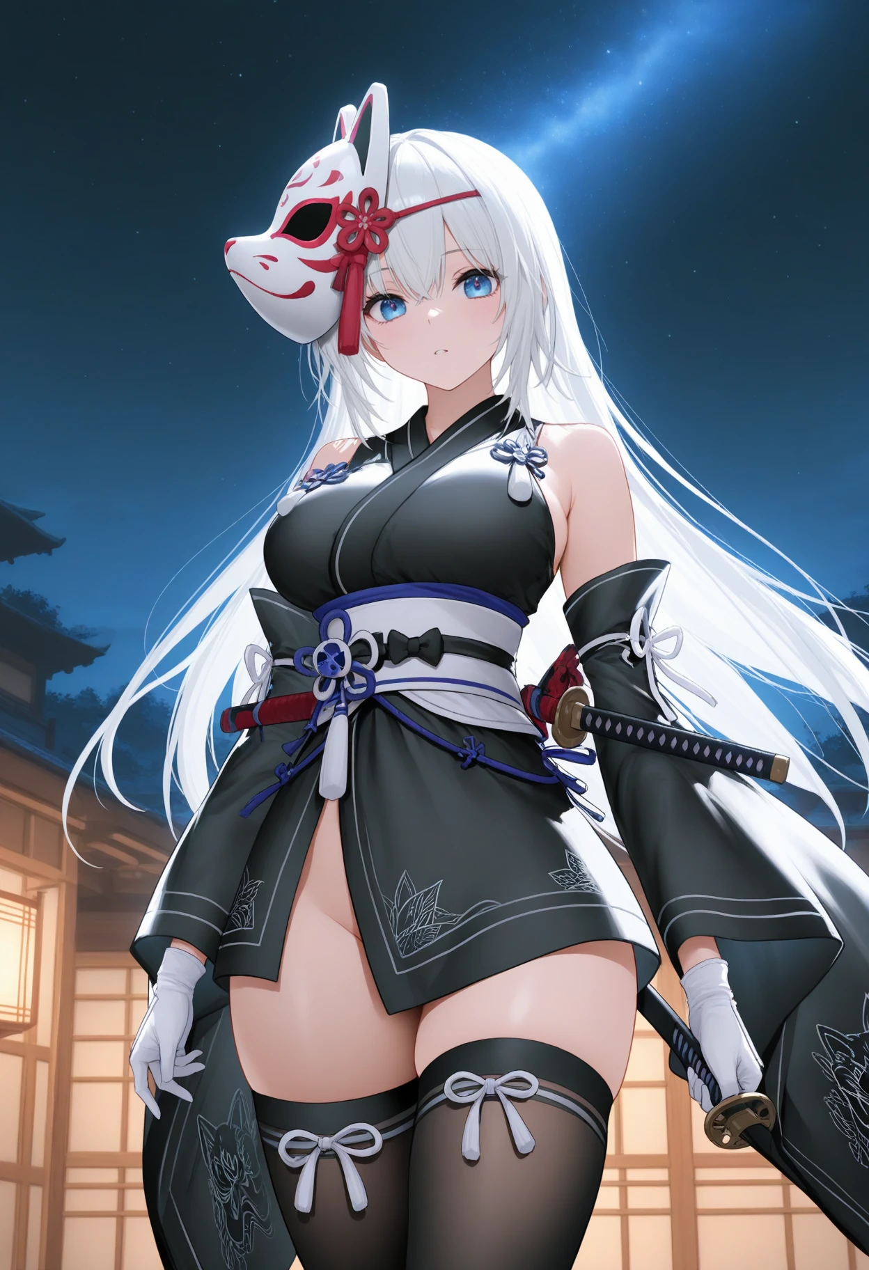 masterpiece, best quality, amazing quality, newest, <lora:fox mask katana_IL:1>, 1girl, solo, fox mask, mask on head, blue eyes, 
 shoulders, long sleeves, detached sleeves, sleeveless, wide sleeves, black short kimono, white gloves, obi, black thighhighs, 
, sheathed, short katana on back,
holding sword, holding weapon, 
starry sky, solo focus, standing,
BREAK japanese architecture, night, outdoors,