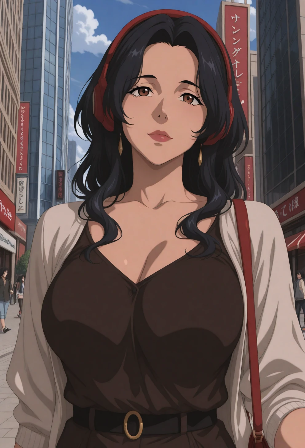 <lora:Sysdeep_char20 - [Custom Character] - IllustriousXL v1:1> sysdeep_char20, 1girl, long hair, , black hair, brown eyes, mature female, solo, wavy hair, walking through city, casual outfit, headphones, relaxed expression, anime coloring
