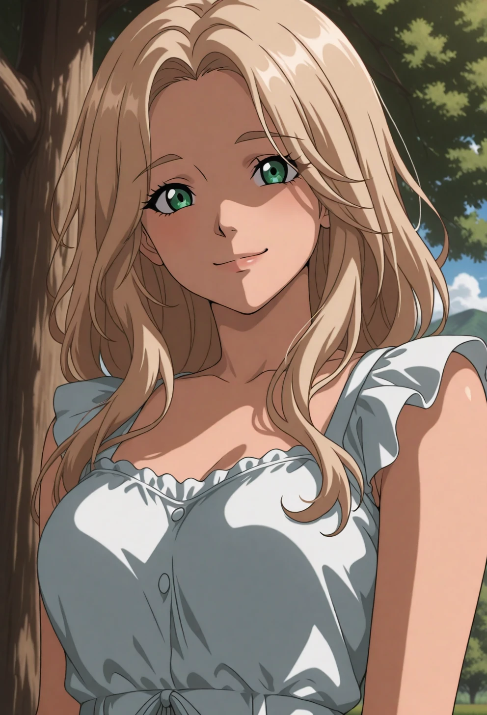 <lora:Sysdeep_char21 - [Custom Character] - IllustriousXL v1:1> sysdeep_char21, 1girl, solo, long hair, green eyes, blonde hair, light brown hair, wavy hair, medium breasts, posing by a tree, sundress, soft breeze, sunny field, playful smile, anime coloring