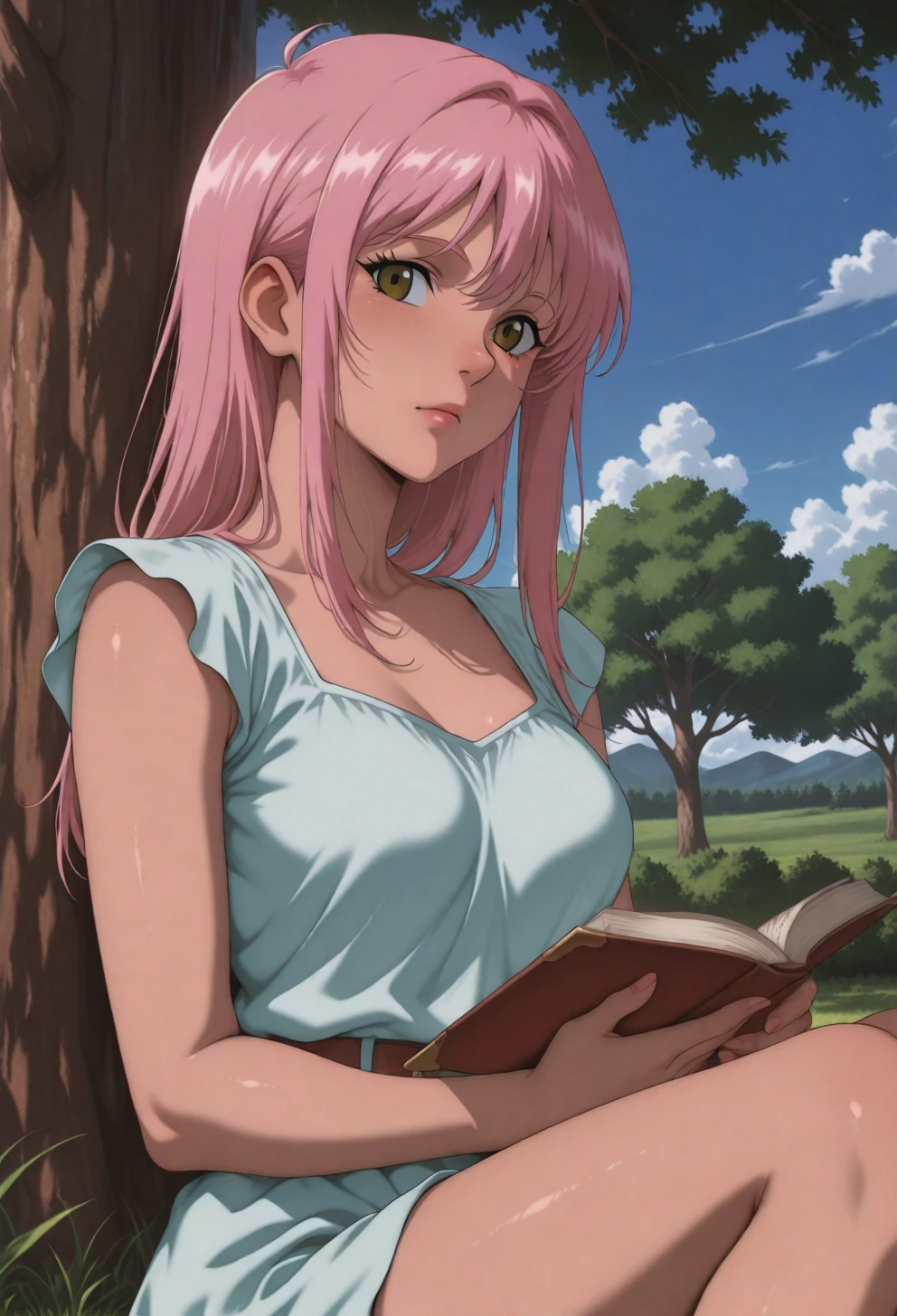 <lora:Sysdeep_char7 - [Custom Character] - IllustriousXL v1:1> sysdeep_char7, 1girl, solo, long hair, pink hair, brown eyes, , sitting under tree, book, peaceful vibe, outdoors, summer day, anime coloring