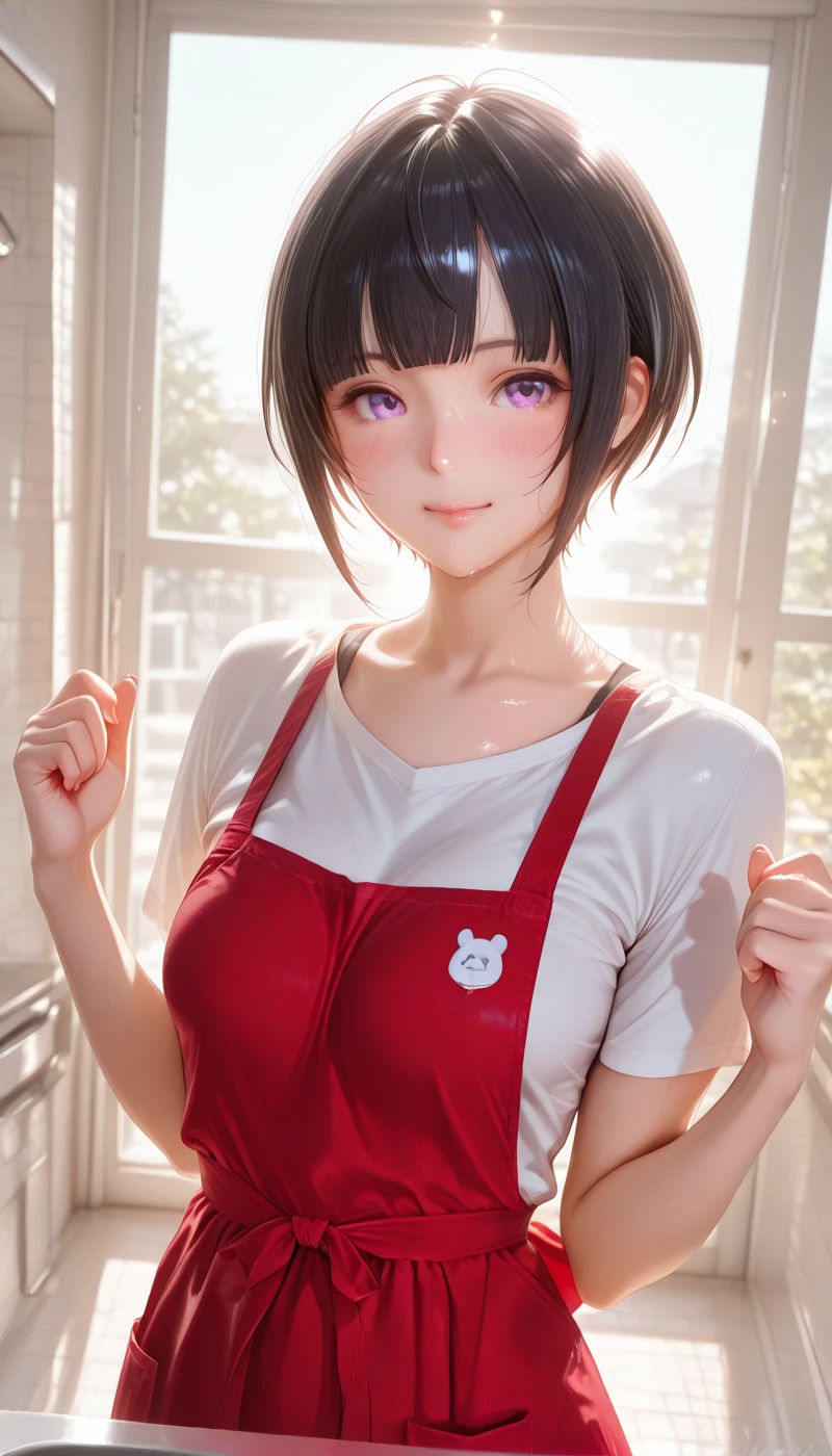 <lora:LCMTurboMix_Euler_A_fix:1> <lora:example_SDXL:0.3>, EZRealPONYXL, <lora:Dramatic Lighting Slider:3> <lora:realistic filter [IL]:1>
DSLR,realistic,cosplay photo, (very awa,masterpiece,best quality,year 2024,newest,absurdres,highres:1), realistic,skin texture,facial features, photography shot with Canon EOS 5D Mark IV , realistic, RAW, best quality, masterpiece, amazing quality, skin details,
1girl, highly detailed beautiful face, natural breasts,
detailed background, shiny skin, dutch angle, 
beautiful detailed eyes, intricate details, absurdres, anime screencap,
 <lora:ShirayukiChiyo_IdolMaster_ILXL_kill0825:1>
IMShiraChiyo, 1girl, solo, breasts, looking at viewer, blush, smile, short hair, shirt, black hair, closed mouth, medium breasts, standing, purple eyes, collarbone, white shirt, upper body, short sleeves, sidelocks, cowboy shot, day, indoors, blunt bangs, twitter username, apron, hands up, window, bob cut, t-shirt, clenched hands, backlighting, bra strap, kitchen, w arms, sink, red apron
