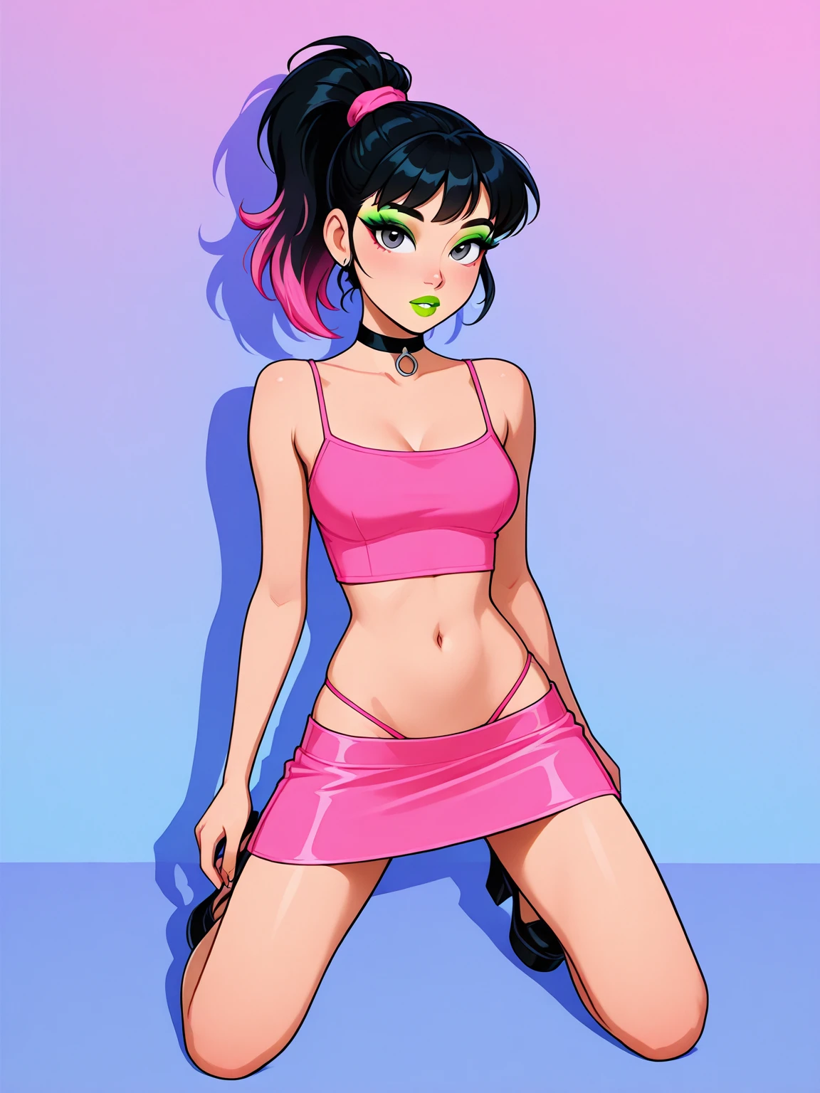 (neonkarc_illust), <emb:Stable_Yogis_Ill_Positives> BREAK, face focus, anime style, full body, from front, solo,
1girl, kneeling, long black hair, high ponytail, looking at viewer, grey eyes, scrunchie, multicolored hair, parted lips, green lips, makeup, eyeshadow, choker, pink tank top, spaghetti straps, crop top, (pink (lowleg skirt), thong,) platform footwear, high heels,
BREAK,
simple backround, blue background, neon palette, drop shadow, 90's style, (high contrast), side lighting, chiaroscuro,