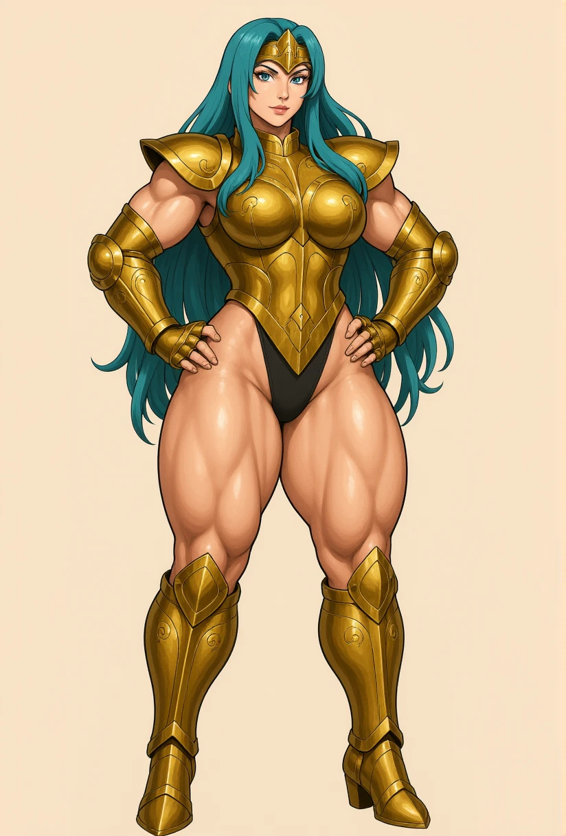 ((full body view:1.4)) masterpiece, ((thepit style:1.4)), a drawing of a female barbarian, (pink skin:1.5), muscular body, feminine, huge upper body, wide shoulders, veins, beautiful face, full lips, slim face, high cheekbones, muscular, in the art style of mohrbacher, in style of peter mohrbacher, wears golden armor, designed by fashionista