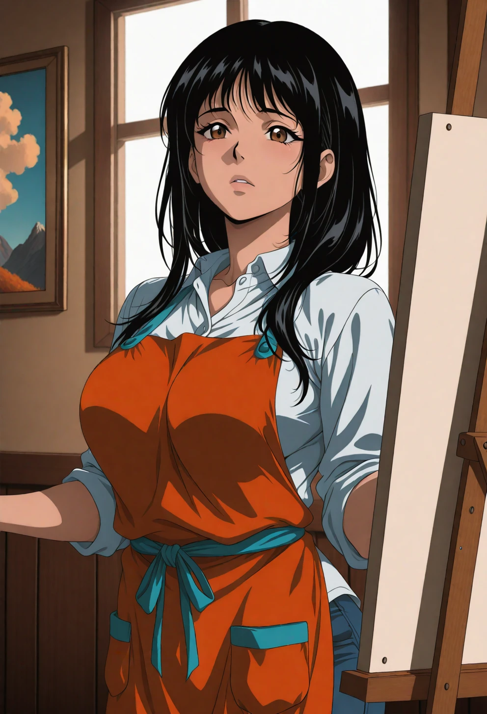 <lora:Sysdeep_char9 - [Custom Character] - IllustriousXL v1:1> sysdeep_char9, 1girl, solo, long hair, black hair, brown eyes, , painting, easel, indoors, apron, focused expression, light-filled studio, anime coloring