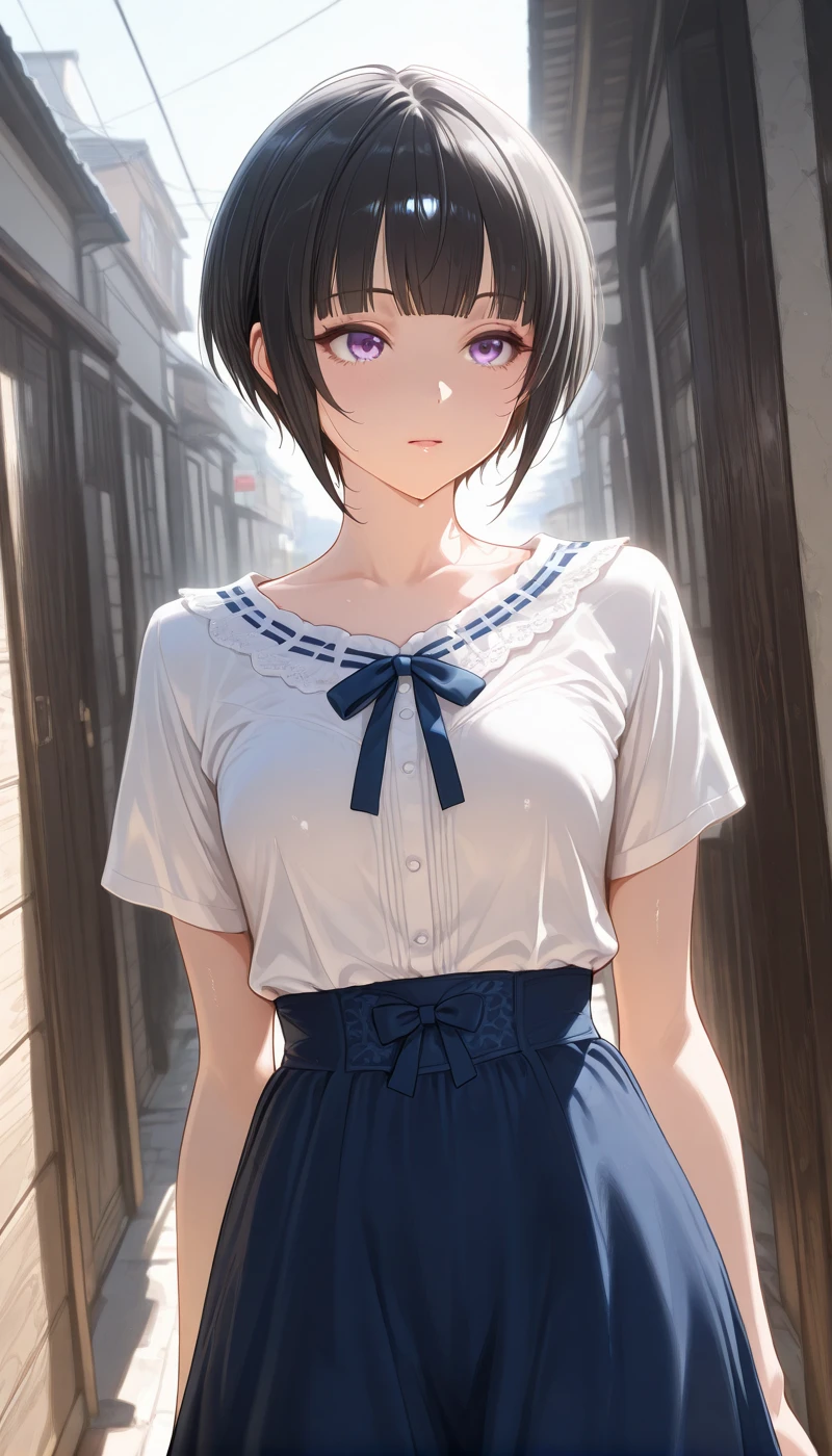 <lora:LCMTurboMix_Euler_A_fix:1> <lora:example_SDXL:0.3>, EZRealPONYXL, <lora:Dramatic Lighting Slider:3>
DSLR,realistic,cosplay photo, (very awa,masterpiece,best quality,year 2024,newest,absurdres,highres:1), realistic,skin texture,facial features, photography shot with Canon EOS 5D Mark IV , realistic, RAW, best quality, masterpiece, amazing quality, skin details,
1girl, highly detailed beautiful face, natural breasts,
detailed background, shiny skin, dutch angle,
beautiful detailed eyes, intricate details, absurdres, anime screencap,
<lora:ShirayukiChiyo_IdolMaster_ILXL_kill0825:1>
IMShiraChiyo, short hair, breasts, black hair, purple eyes, sidelocks, blunt bangs, bob cut, small breasts, medium breasts,
shirt, skirt, bow, collarbone, white shirt, short sleeves, blue skirt, blue bow, blouse, long skirt, high-waist skirt, shirt tucked in, frills, buttons