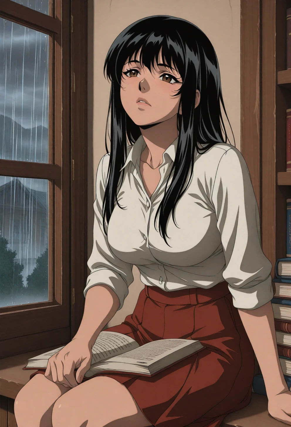 <lora:Sysdeep_char9 - [Custom Character] - IllustriousXL v1:1> sysdeep_char9, 1girl, solo, long hair, black hair, brown eyes, large breasts, sitting on windowsill, indoors, rain, book, wistful expression, anime coloring