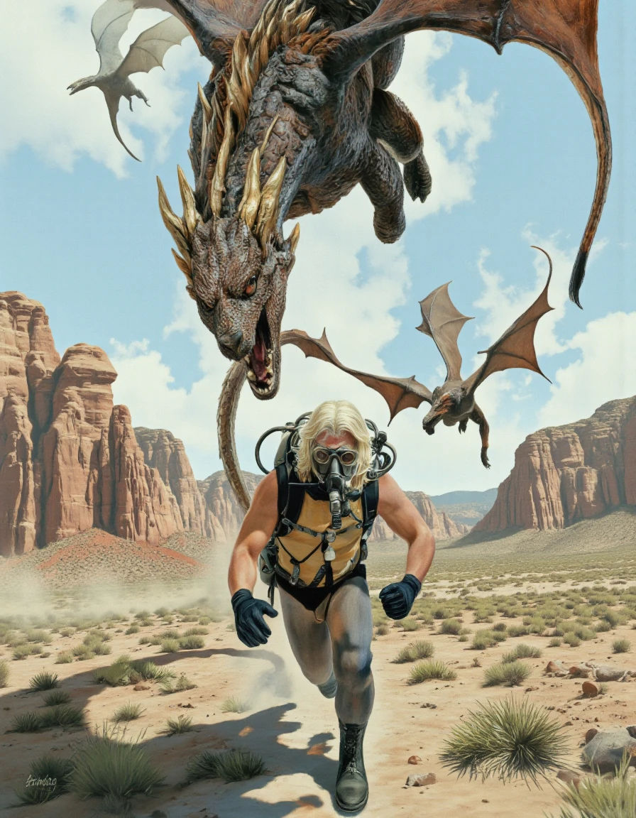 DaSeley style. A digital illustration shoot from below about a heroic figure with a gas mask and breathing apparatus surrounded by dragons in a desert landscape. the image also shows rugged red rock formations and sparse vegetation in the background. on the middle of the image, a muscular man with white hair and a beard appears to be in his late 40s, wearing a diving suit and carrying a backpack. he is walking towards the camera with a determined expression. he has a pair of black gloves on his hands and is wearing black boots on his feet. on either side of him, two dragons with large wings are flying in opposite directions. the sky is clear and blue, with no clouds in sight.
1girl, long hair, gloves, white hair, full body, outdoors, sky, boots, day, cloud, blue sky, black gloves, skin tight, mask, breathing apparatus, protective gear, gas mask, scuba diving, diving suit, rock formation, diving mask
camera_angle: from below, art_style: digital illustration, location: desert, background: rocky terrain with sparse vegetation and a distant mountain range, text: NA, distance_to_camera: full body;full body, clothing: diving suit;scuba gear, image_composition: middle;bottom, pants: NA;NA, accessory: oxygen mask, oxygen tank, shoes: black boots;black gloves, action: running;running, facing_direction: facing viewer;facing viewer, eye_direction : looking at viewer;looking ahead, facial_expression: determined;screaming, ear: mmf ear: mf ear;eye_color: white hair;white hair, gender: 1man;1dragon, hair_color : blonde hair;brown hair, hair style: long hair;long hair, race: NA: NA>, body: muscular;sculptural