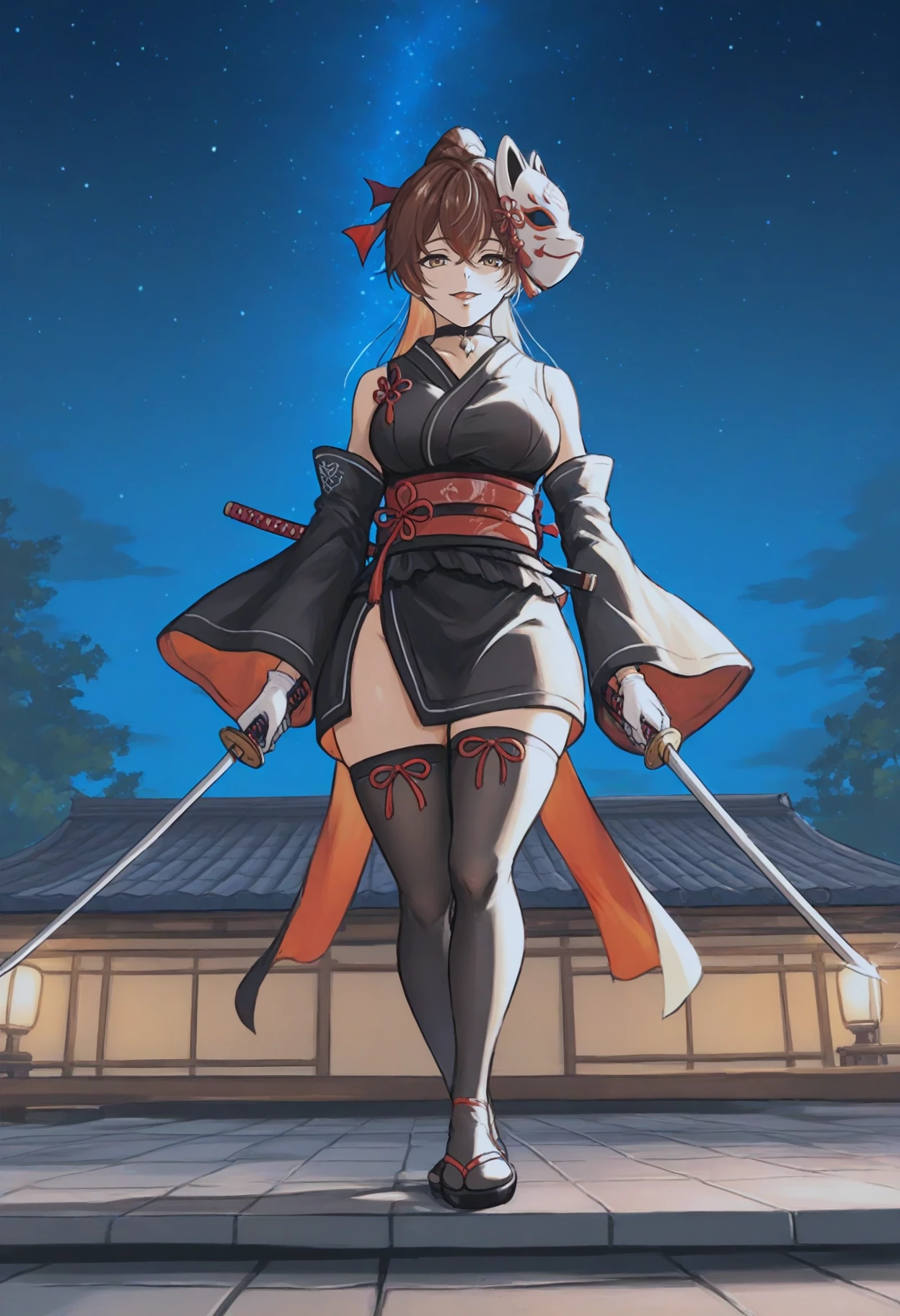 masterpiece, best quality, amazing quality, newest,
<lora:fox mask katana_IL:1>, FMK, 1girl, solo, white fox mask, mask on head,
shoulders, long sleeves, detached sleeves, sleeveless, wide sleeves, black short kimono, white gloves, obi, black thighhighs, zouri,
, sheathed, short katana on back,
holding sword, holding weapon,
standing on roof, on roof, from below, starry sky, solo focus,
BREAK japanese architecture, night, outdoors,
<lora:Advertising ponytail Girl_IL:0.8>
Advertising Girl, official art, ponytail Girl, brown hair, high ponytail, Red hair ribbon, smile, parted lips, ,