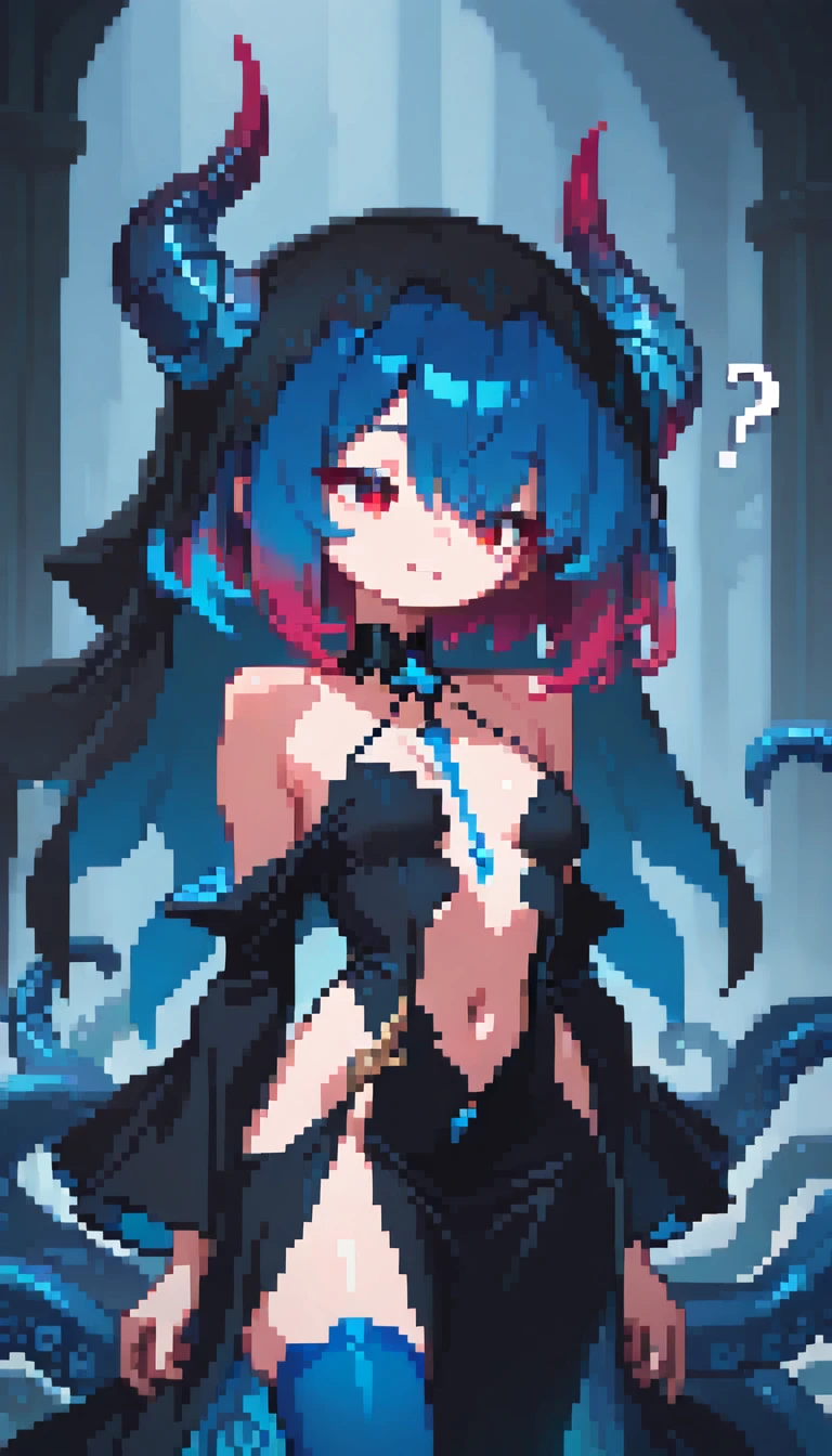 masterpiece, best quality, amazing quality, very aesthetic, absurdres,  newest, scenery,
, head tilt, ?, upper body, DeepVeil, 1girl,  multicolored hair, blue hair,red gradient hair, blue stockings, small , blue tentacles, black dress,  black veil, exposed navel, exposed shoulder, tentacle horns,
, smile,
detailed background, , portrait,detailed face, masterpiece, best quality, amazing quality, very aesthetic, absurdres, newest, scenery, volumetric lighting