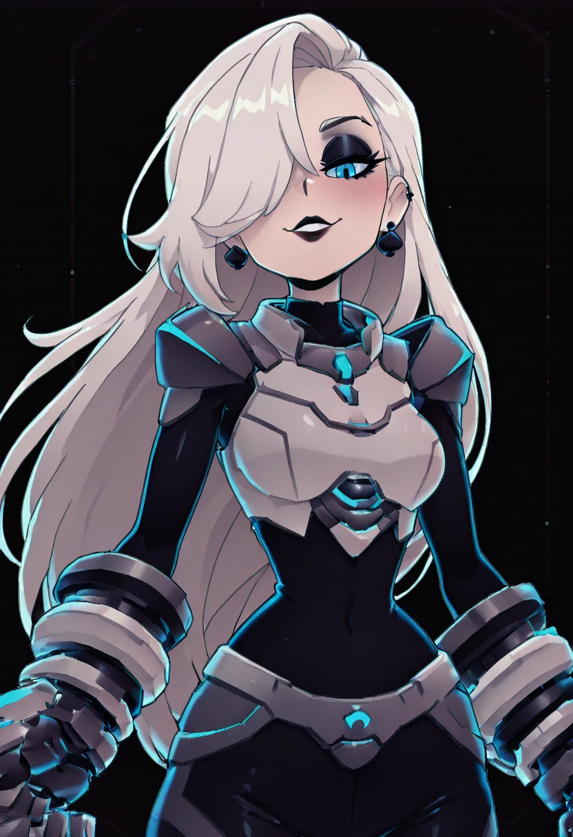 masterpiece, best quality, solo, curvy, beautiful eyes, narrow waist, wide hips, 1girl, solo, smile, looking at viewer, foreshortening, close up, zzBlanc, blue eyes, white hair, hair over one eye, long hair, eyeshadow, makeup, lipstick, gothic, skindentation, tight clothes, <lora:BlancCitronOC_IXL_v2:1.0>, , smile, looking at viewer, cowboy shot, dynamic pose, zzCodeV, bodysuit, neon trim, armor, black bodysuit, dynamic pose, foreshortening, shiny, <lora:CodeVSnG_IXL:1.0>,