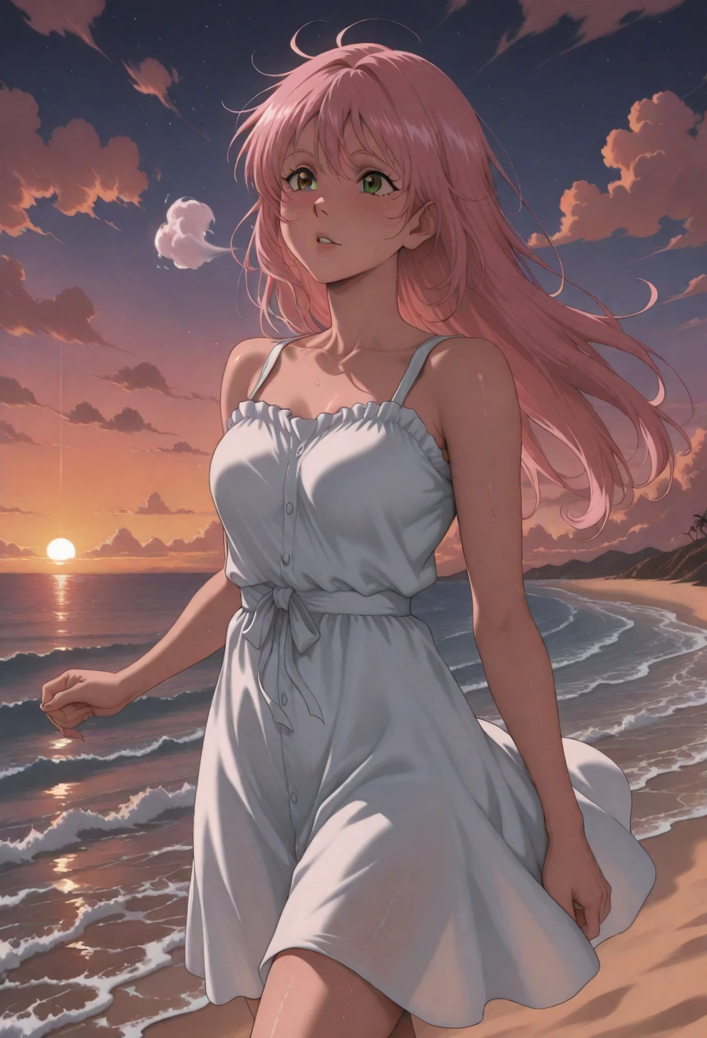 <lora:Sysdeep_char7 - [Custom Character] - IllustriousXL v1:1> sysdeep_char7, 1girl, solo, long hair, pink hair, brown eyes, , running, beach, sunset, sundress, wind blowing, joyful expression, anime coloring