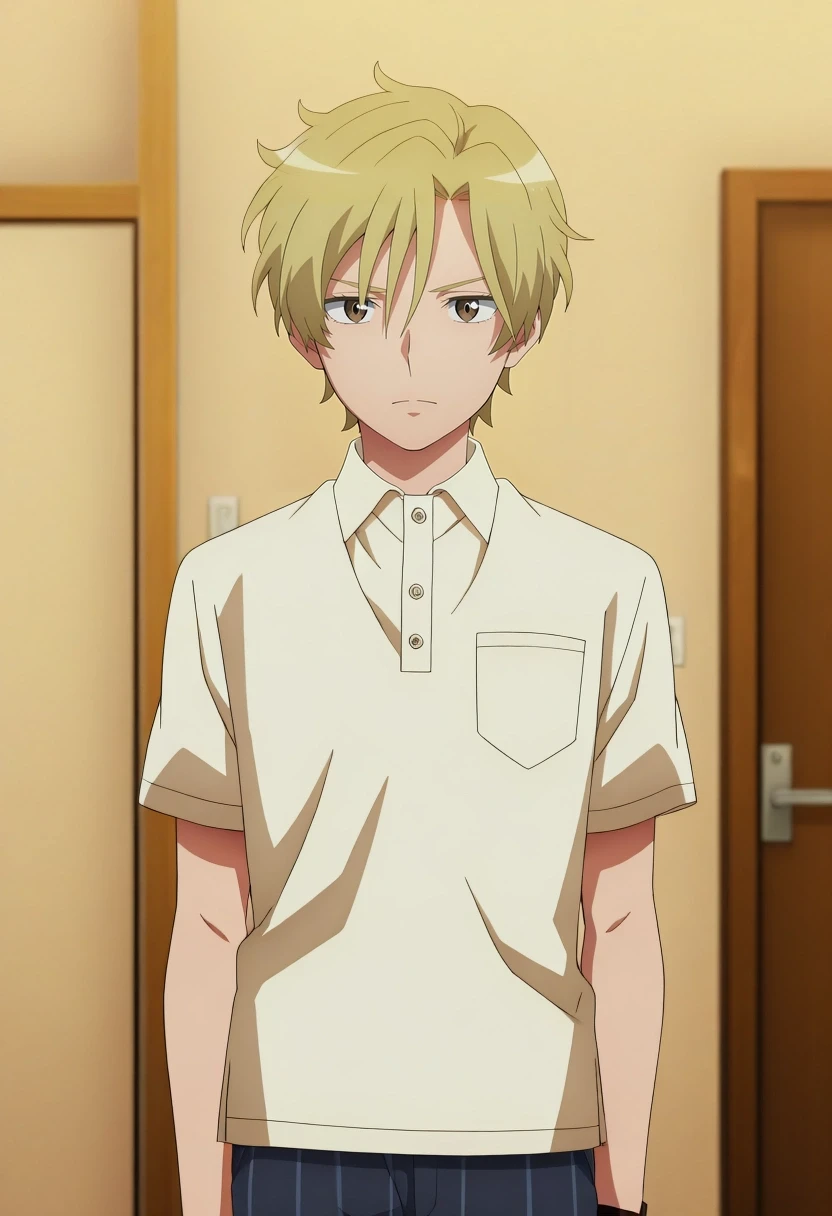 masterpiece, best quality, amazing quality, very aesthetic, high resolution, ultra-detailed, absurdres, newest, colorful, highest detailed, very awa, anime screencap, official style, anime coloring, cowboy shot, looking at viewer, 1boy, solo, male focus, <lora:hijiri_koganei_ilxl:0.94>, hijiri_koganei, blonde hair, brown eyes, short hair,