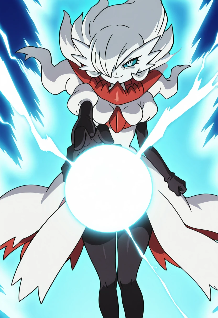 masterpiece, best quality, solo, curvy, beautiful eyes, narrow waist, wide hips, 1girl, solo, smile, looking at viewer, foreshortening, close up, zzDarGardevoir, white pupils, white eyes, blue sclera, blue eyes, white skin, bob cut, white hair, long hair, hair over one eye, white dress, black gloves, elbow gloves, black pantyhose, <lora:GardevoirXDarkrai_IXL:1.0>, ,vivid aura, looking at viewer, blue background, smug, aura, super saiyan, charging energy, energy ball, energy, lightning, <lora:DBSBroly_Style_IXL_v2:0.6>,
