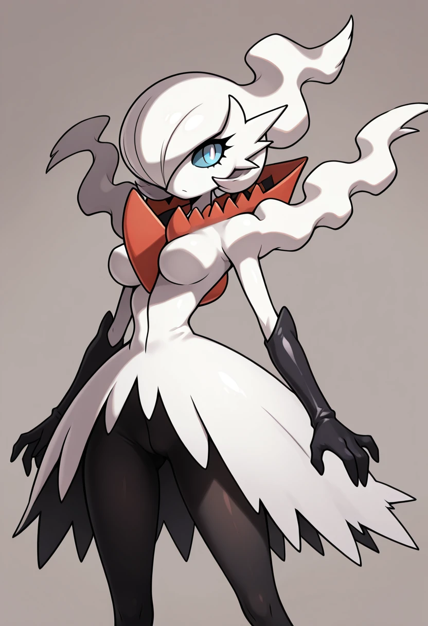 masterpiece, best quality, 1girl, solo, eyelashes, (beautiful eyes), zzDarGardevoir, white pupils, white eyes, blue sclera, blue eyes, white skin, bob cut, white hair, long hair, hair over one eye, white dress, black gloves, elbow gloves, black pantyhose, <lora:GardevoirXDarkrai_IXL:1.0>,