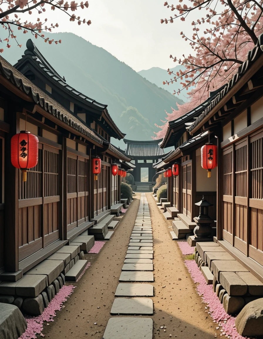 A traditional Japanese village during the samurai era, peacefully resting in a quiet valley surrounded by mist-covered mountains and dense bamboo groves. Thatched-roof wooden houses with sliding paper doors are arranged along narrow, winding dirt paths. Red lanterns hang from wooden beams, swaying gently in the breeze. A small Shinto shrine stands on a nearby hill, overlooking neatly arranged rice paddies and stone garden paths. A samurai's armor is displayed on a wooden rack outside one of the houses, suggesting the presence of a warrior. Cherry blossom petals scatter across the ground, and a light fog drifts between the buildings, adding to the stillness. The scene is bathed in soft, golden light, capturing a serene and timeless moment in feudal Japanâwith no people in sight.traditional Japanese v1ll4g3, <lora:traditional_Japanese_v1ll4g3v2-i:1>, Masterpiece,best quality,hi res,8k,hi res,8k,award winning,(sharp focus, intricate, highly detailed),