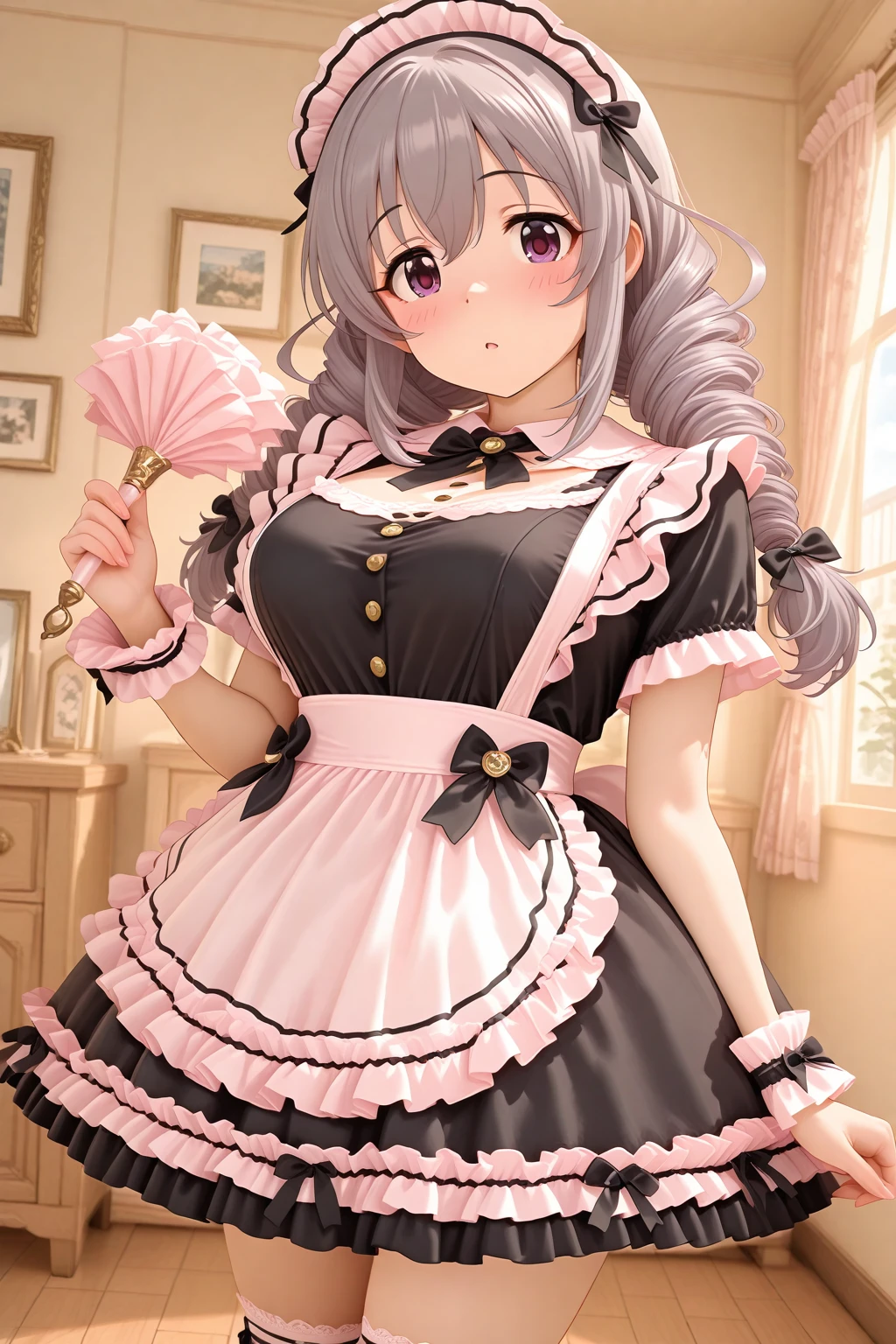 masterpiece, best quality, amazing quality, 1girl, solo, makeup, general, cowboy shot, looking at viewer, blush, dramatic angle, indoors, room, beautiful, sky, cloud, morning, anime aesthetic, (holding duster), <lora:Sakakibara_Satomi_Cinderella:1>, Sakakibara_Satomi_Cinderella, long hair, grey hair, large breasts, twintails, purple eyes, twin braids, twin drills, bow, hair bow, ribbon, hair between eyes, <lora:Cute_Bow_Ruffles_Apron_French_Maid_Dress:1>, Cute_Bow_Ruffles_Apron_French_Maid_Dress, dress, bow, ribbon, short sleeves, frills, bowtie, black dress, apron, maid, black bow, frilled dress, maid apron, frilled apron, black bowtie, maid headdress, wrist cuffs, thighhighs, <lora:wai-A3-V140:1>, <lora:illustrious_noobai_epsilon_pred_1_masterpieces_v1:1>