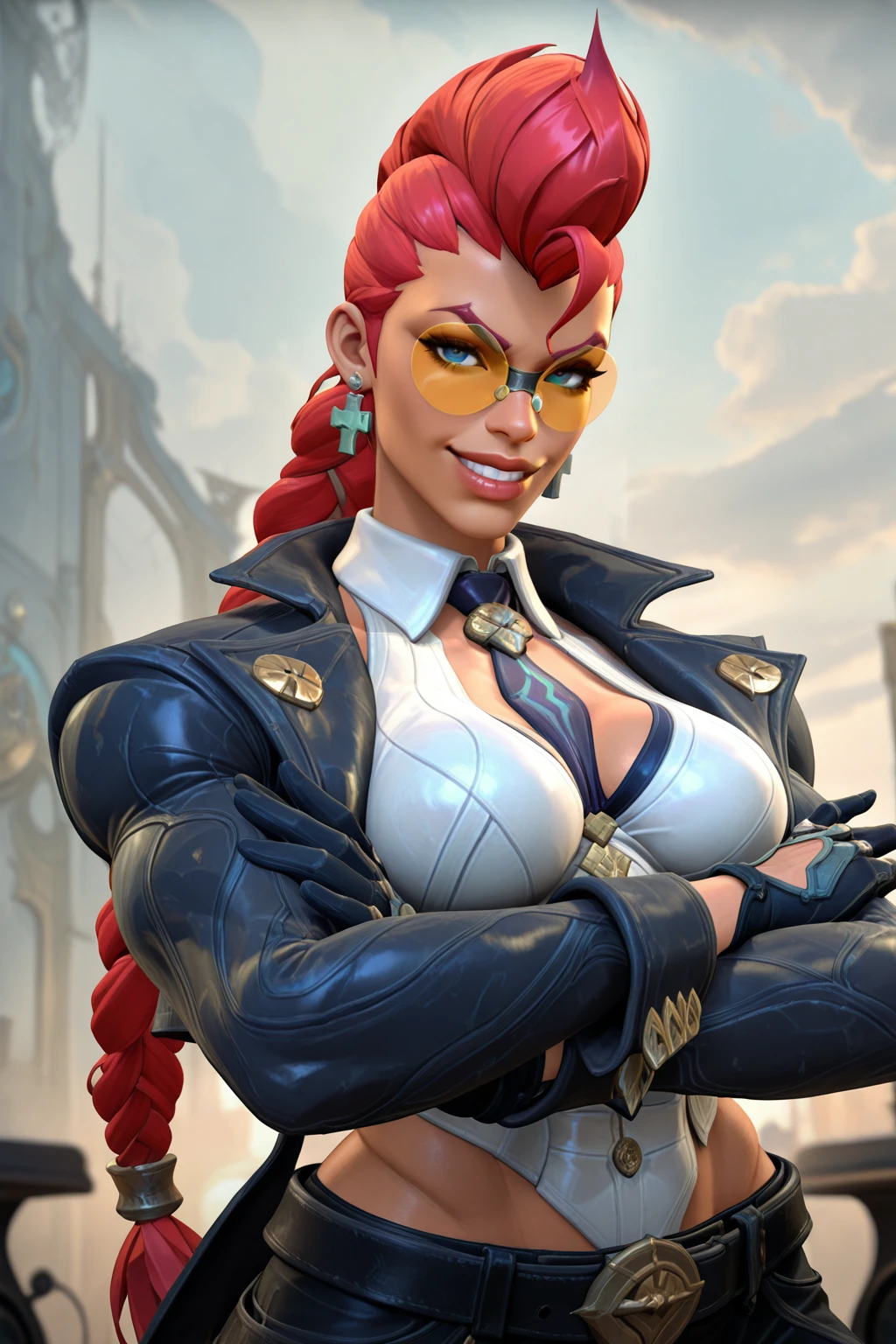 masterpiece, good quality, best quality, very awa, very as2, absurdres, highres,
<lora:Wild Rift StyleIlluLYCO:1.2>1girl, solo, breasts, looking at viewer, 3d, earrings,
<lora:Crimson Viperillulora:1> CrimVip, dark-skinned female, toned, long hair, red hair, pompadour, long braid, braided ponytail, single braid, blue eyes, (pince-nez:2), yellow-tinted eyewear, (rimless sunglasses:2), cross earrings, collared shirt, cropped shirt, open shirt, cleavage, black necktie, necktie between breasts, black jacket, open jacket, buttons, black gloves, midriff, black pants, black belt, belt buckle, crossed arms, grin