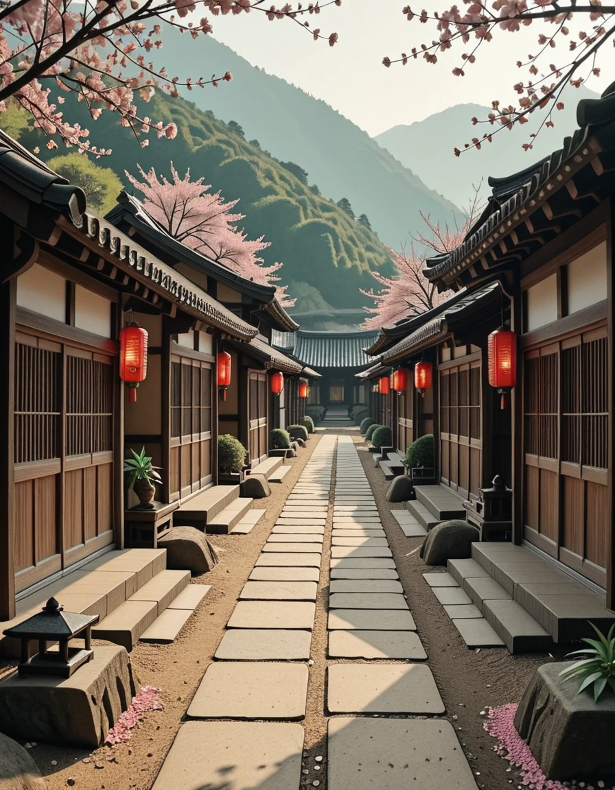 A traditional Japanese village during the samurai era, peacefully resting in a quiet valley surrounded by mist-covered mountains and dense bamboo groves. Thatched-roof wooden houses with sliding paper doors are arranged along narrow, winding dirt paths. Red lanterns hang from wooden beams, swaying gently in the breeze. A small Shinto shrine stands on a nearby hill, overlooking neatly arranged rice paddies and stone garden paths. A samurai's armor is displayed on a wooden rack outside one of the houses, suggesting the presence of a warrior. Cherry blossom petals scatter across the ground, and a light fog drifts between the buildings, adding to the stillness. The scene is bathed in soft, golden light, capturing a serene and timeless moment in feudal Japanâwith no people in sight.traditional Japanese v1ll4g3, <lora:traditional_Japanese_v1ll4g3v2-i:1>, Masterpiece,best quality,hi res,8k,hi res,8k,award winning,(sharp focus, intricate, highly detailed),