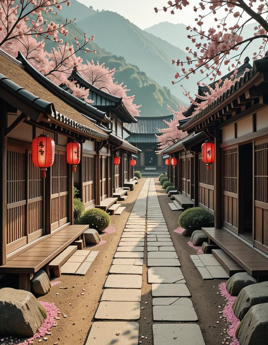 A traditional Japanese village during the samurai era, peacefully resting in a quiet valley surrounded by mist-covered mountains and dense bamboo groves. Thatched-roof wooden houses with sliding paper doors are arranged along narrow, winding dirt paths. Red lanterns hang from wooden beams, swaying gently in the breeze. A small Shinto shrine stands on a nearby hill, overlooking neatly arranged rice paddies and stone garden paths. A samurai's armor is displayed on a wooden rack outside one of the houses, suggesting the presence of a warrior. Cherry blossom petals scatter across the ground, and a light fog drifts between the buildings, adding to the stillness. The scene is bathed in soft, golden light, capturing a serene and timeless moment in feudal Japanâwith no people in sight.traditional Japanese v1ll4g3, <lora:traditional_Japanese_v1ll4g3v2-i:1>, Masterpiece,best quality,hi res,8k,hi res,8k,award winning,(sharp focus, intricate, highly detailed),