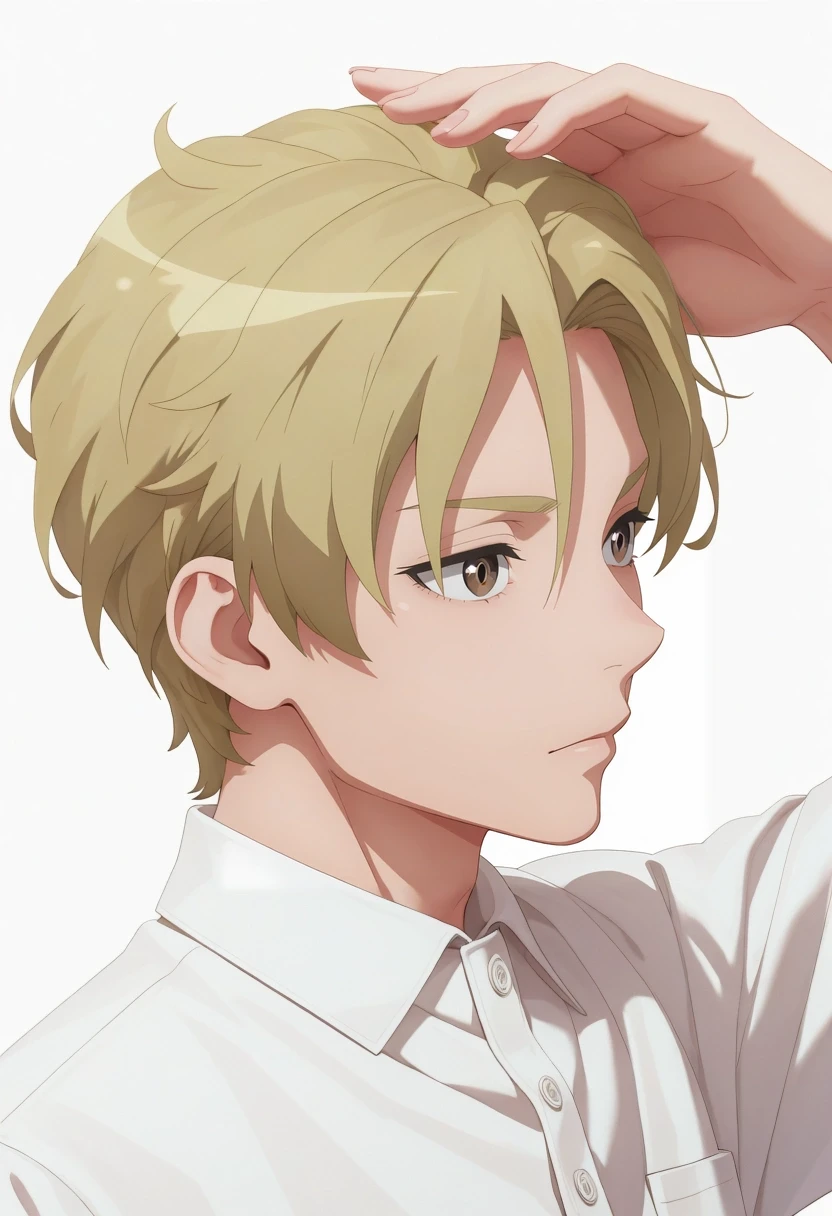 masterpiece, best quality, amazing quality, very aesthetic, high resolution, ultra-detailed, absurdres, newest, colorful, highest detailed, very awa, intricate details, (3d:0.4),, , 1boy, solo, male focus, <lora:hijiri_koganei_ilxl:0.96>, hijiri_koganei, blonde hair, brown eyes, short hair, white shirt, collared shirt