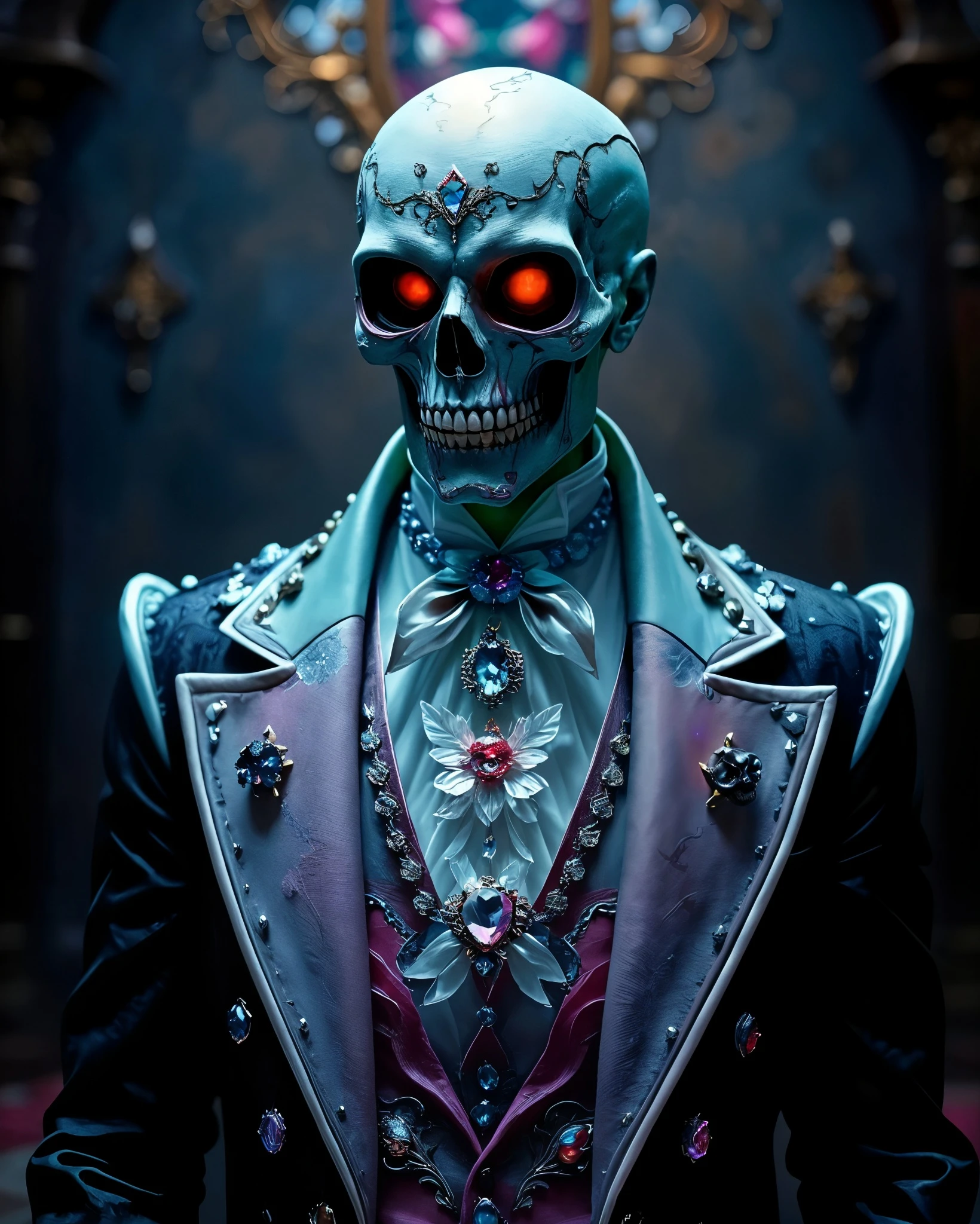 A highly decorative skeleton figure with glowing red eyes, wearing an ornate, jewel-encrusted tuxedo. The tuxedo features intricate patterns and a mix of vibrant colors, including blues, purples, and silvers, with various gemstones showcasing a striking, gothic elegance. The background is dimly lit, enhancing the dramatic and mystical atmosphere.