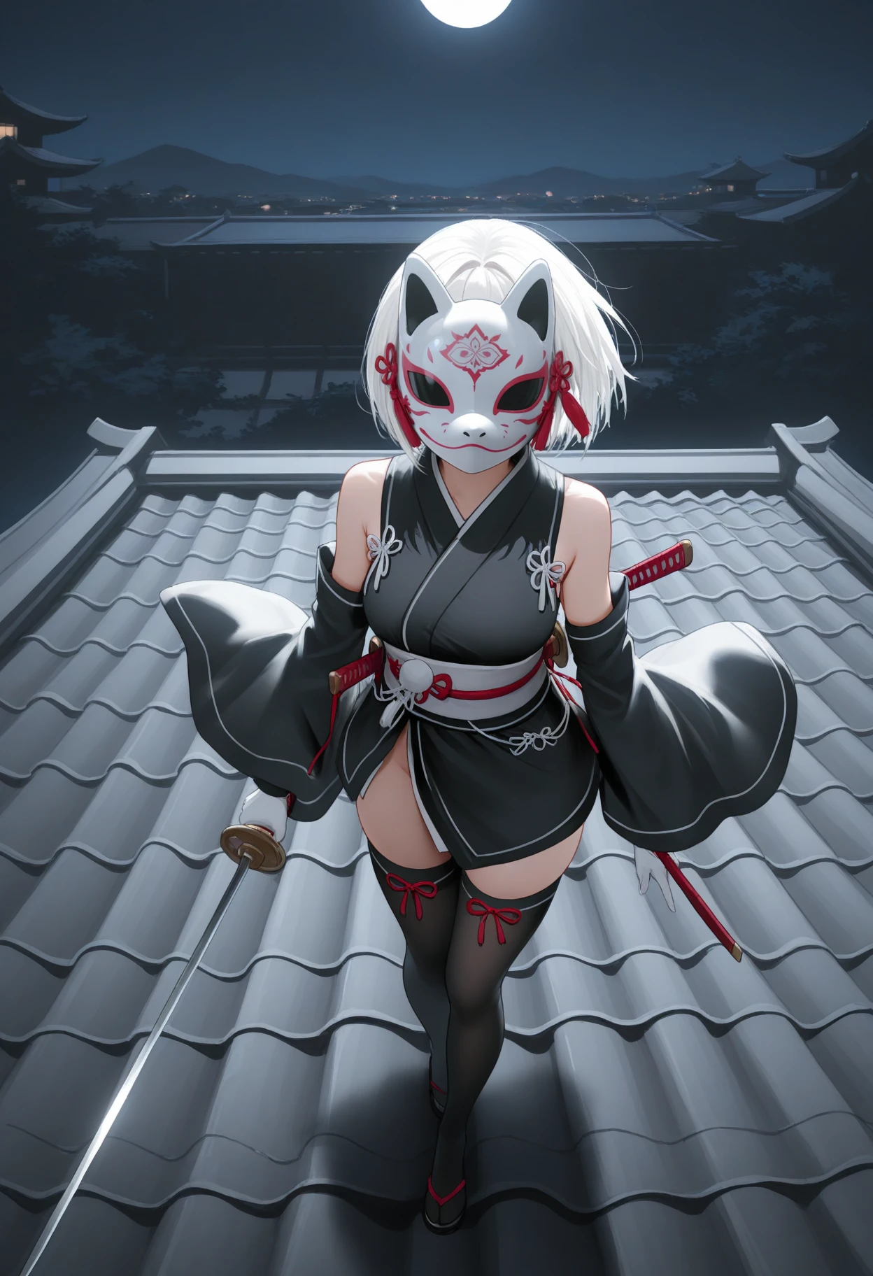 masterpiece, best quality, amazing quality, newest, <lora:fox mask katana_IL:1>, 1girl, solo, fox mask, white hair, short hair, covered face,
shoulders, long sleeves, detached sleeves, sleeveless, wide sleeves, black short kimono, white gloves, obi, black thighhighs, zouri,
, sheathed, short katana on back,
holding sword, holding weapon,
standing on roof, on roof, from above, solo focus,
BREAK japanese architecture, night, outdoors,