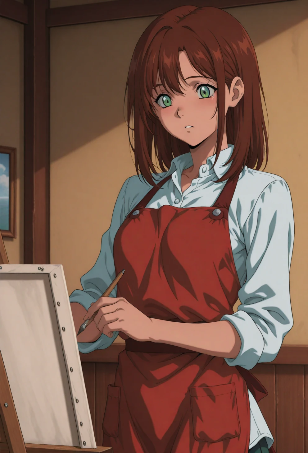<lora:Sysdeep_char10 - [Custom Character] - IllustriousXL v1:1> sysdeep_char10, 1girl, solo, long hair, brown hair, green eyes, small , painting, easel, indoors, apron, focused expression, light-filled studio, anime coloring