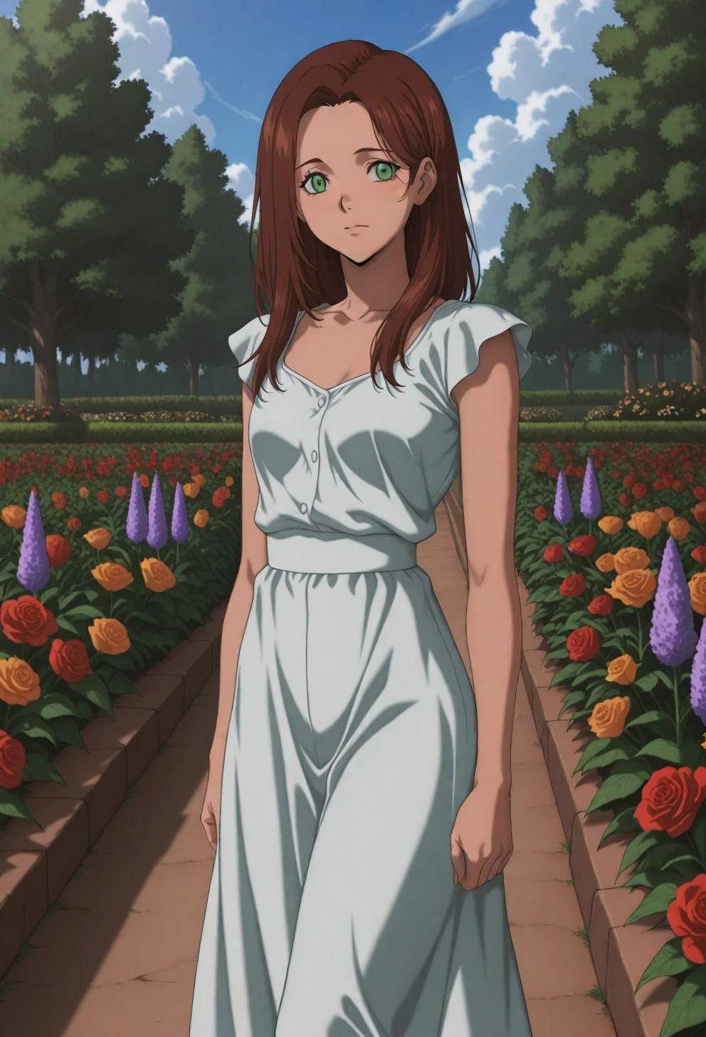 <lora:Sysdeep_char10 - [Custom Character] - IllustriousXL v1:1> sysdeep_char10, 1girl, solo, long hair, brown hair, green eyes, small , walking through garden, flowers, long dress, serene expression, anime coloring