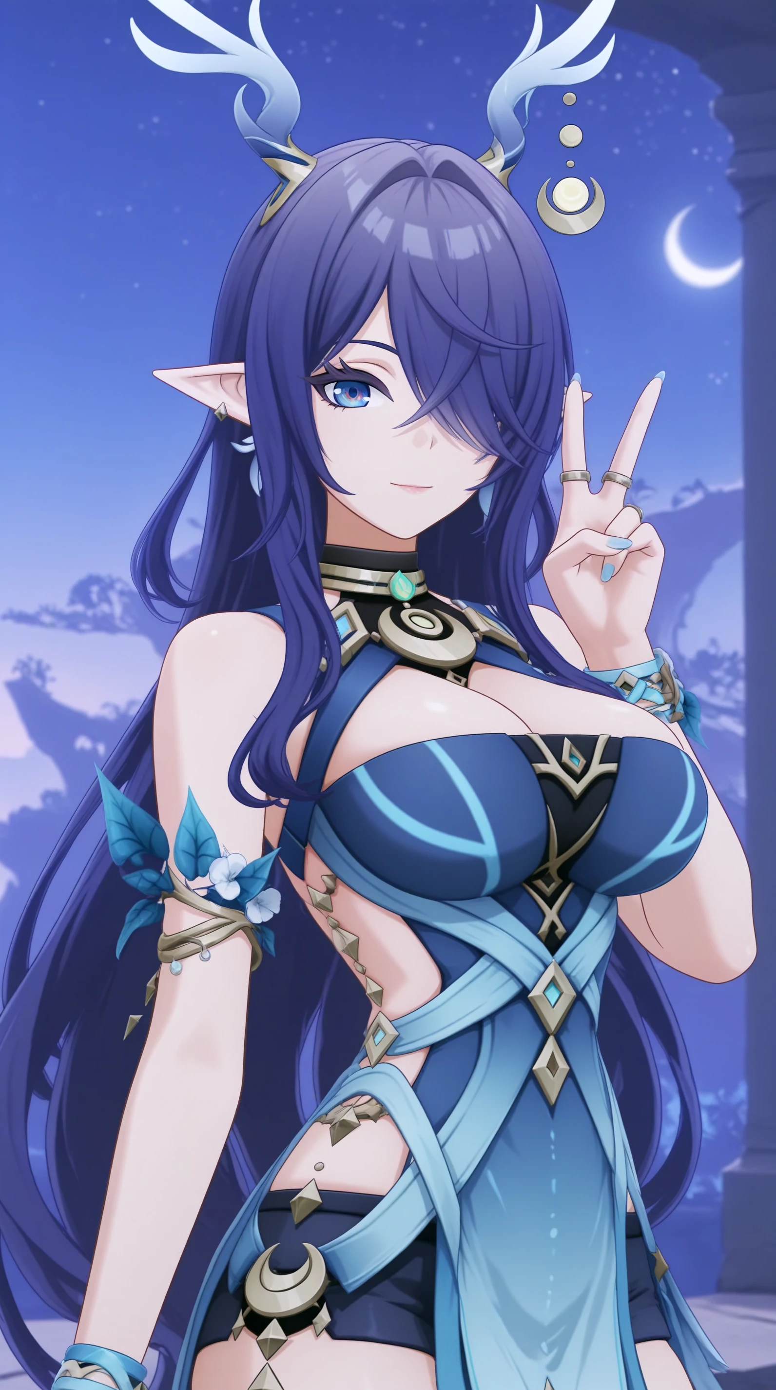 Masterpiece, absurdres, ((extreme detail)),(ultra-detailed), extremely detailed CG unity 8k wallpaper, best quality,brighid, purple long dress, jeweled collar, facing down, closed eyes, smile, closed mouth, upper body, <lora:Brighid:0.7>